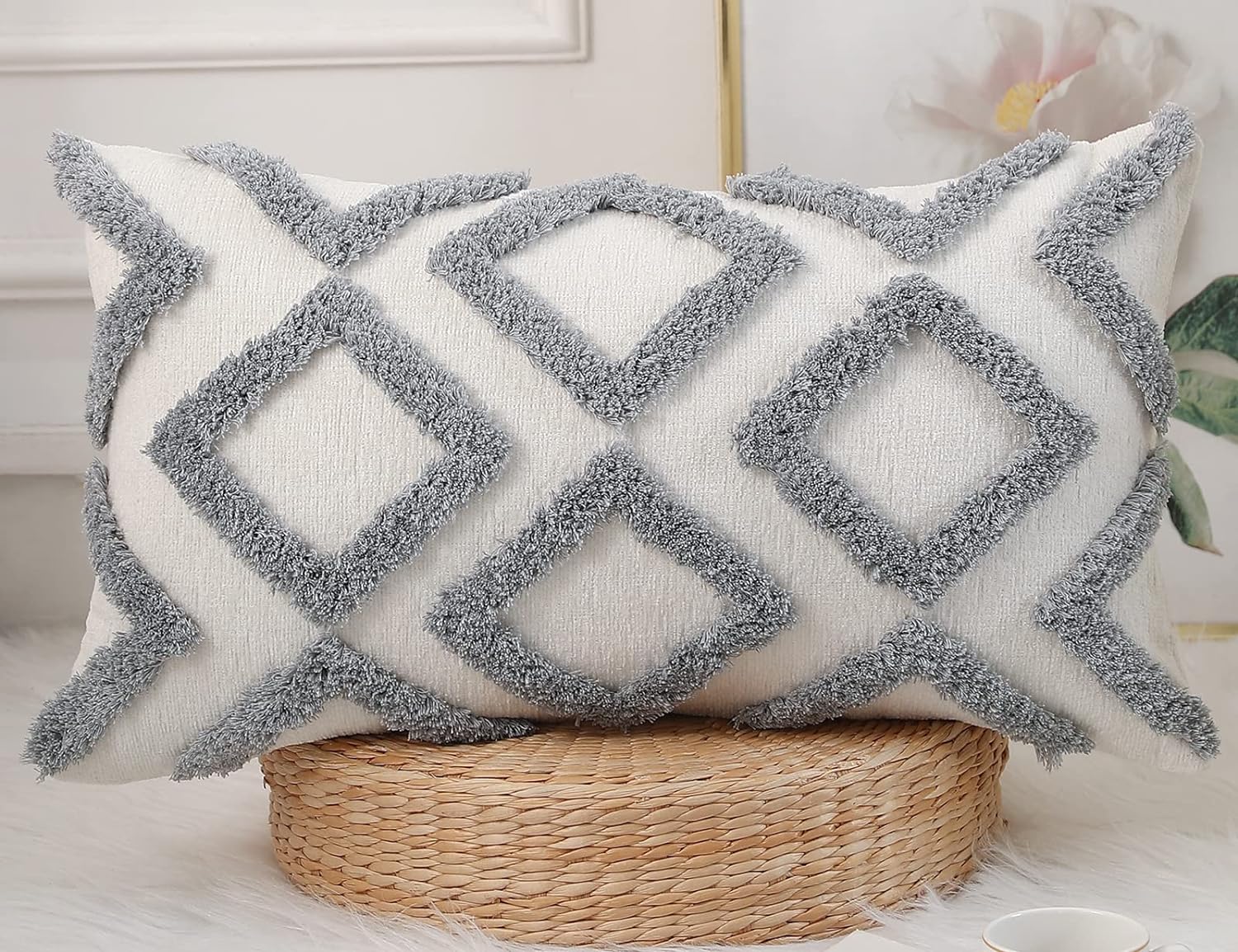 Fundas de almohada largas con patrón de diamantes de 12 x 26 pulgadas, funda decorativa de felpilla de felpa larga para cojín lumbar, funda de cojín