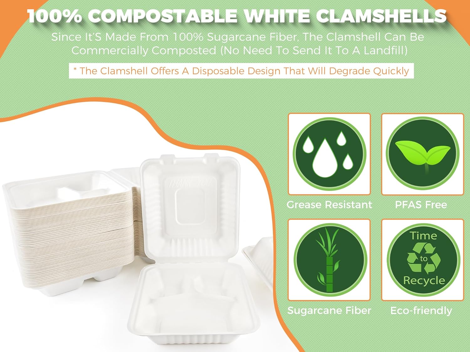AUEAR, 8 pulgadas, 3 compartimentos paquete de 100, contenedores de alimentos compostables para llevar, cajas para alimentos, contenedor de
