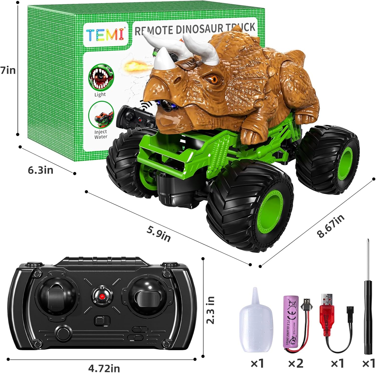 TEMI Juguete de coche Triceratops con control remoto 124, camión monstruo con rugido, luz y niebla para niños de 3 a 7 años, camión de dinosaurio