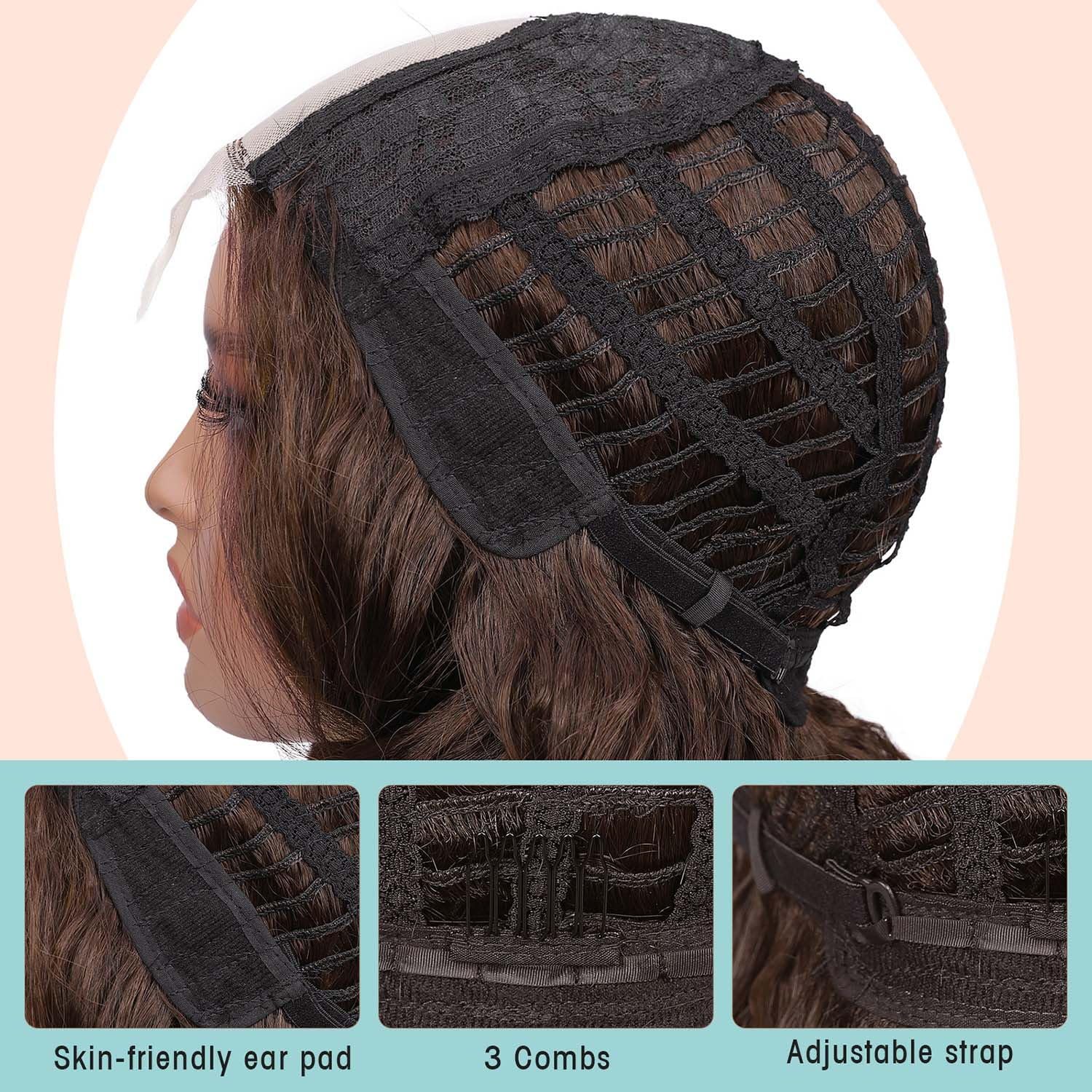 FAVE Peluca corta ondulada hasta el hombro, pelucas estilo Bob de 16 pulgadas, parte media, pelucas marrones para mujeres negras, peluca sintética