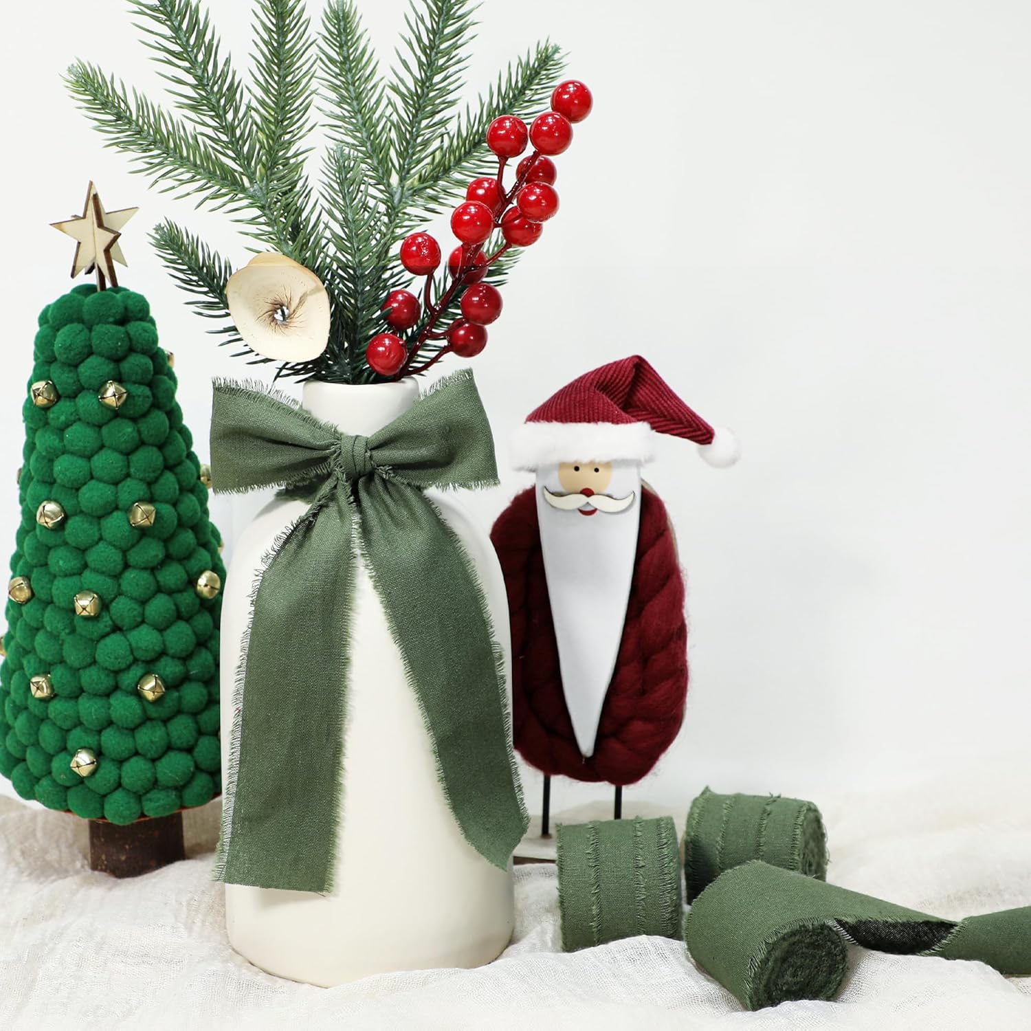 Cinta verde cazador de 1-12 x 15 yardas hechas a mano de algodón deshilachado con flecos para manualidades, ramos de flores, boda, árbol de Navidad,