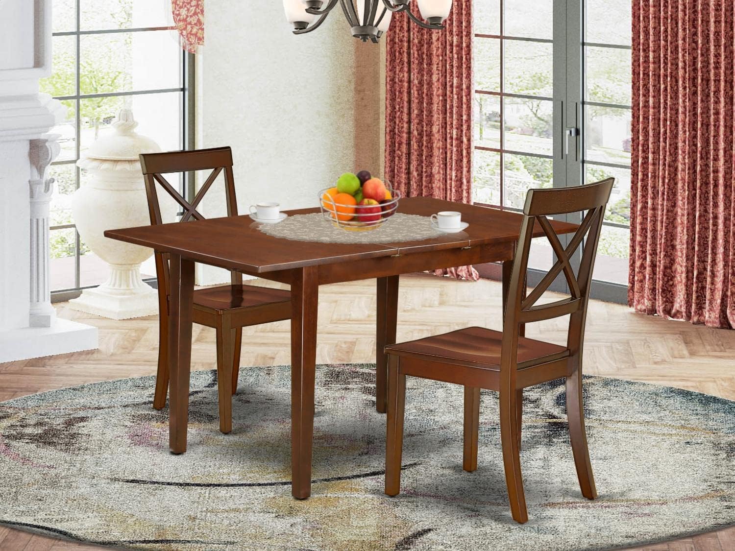 East West Furniture NOBO3-MAH-W – Juego de cocina de 3 piezas contiene una mesa de comedor rectangular con hoja de mariposa y 2 sillas de asiento de