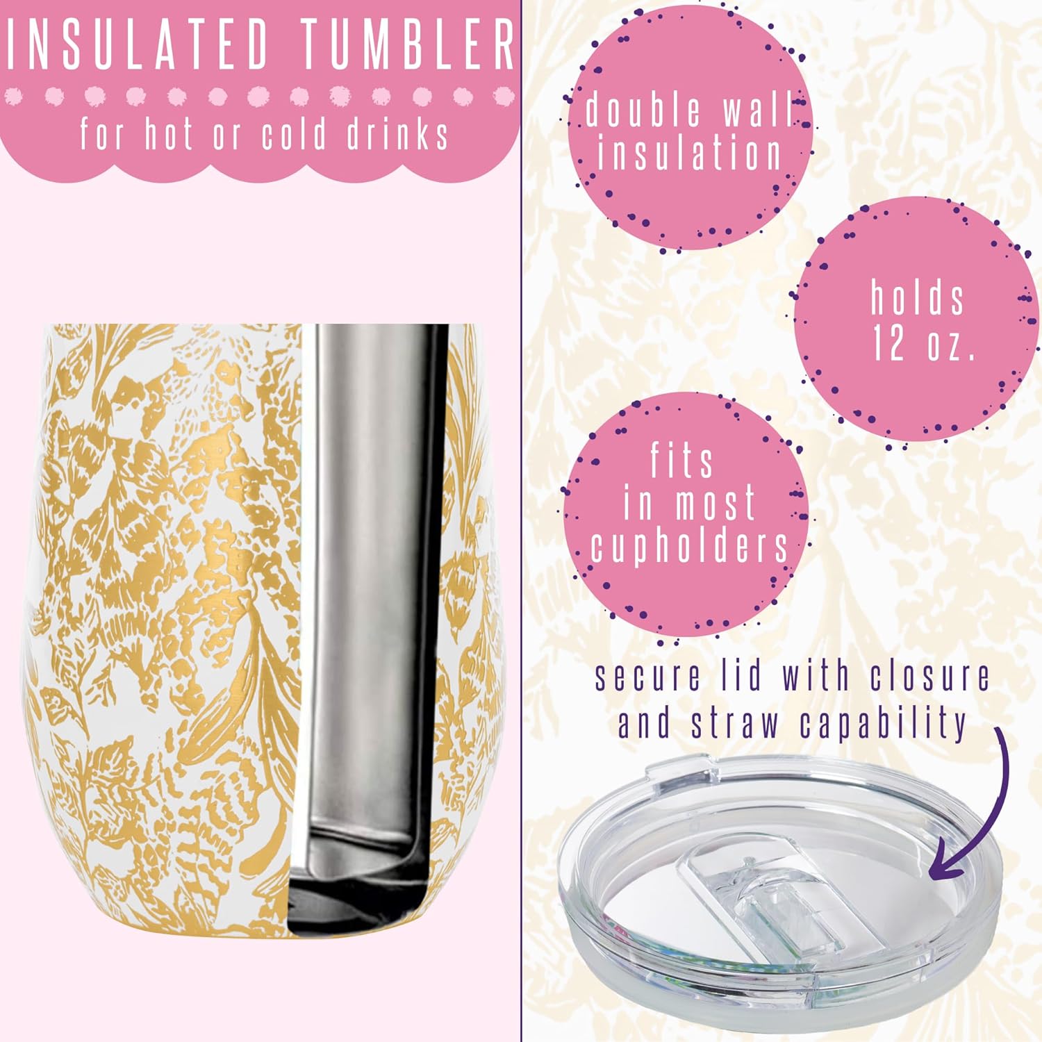 Lilly Pulitzer Vaso aislado de 12 onzas con tapa, copa de vino de viaje de acero inoxidable, taza de metal de doble pared, Calypso Coast (dorado)