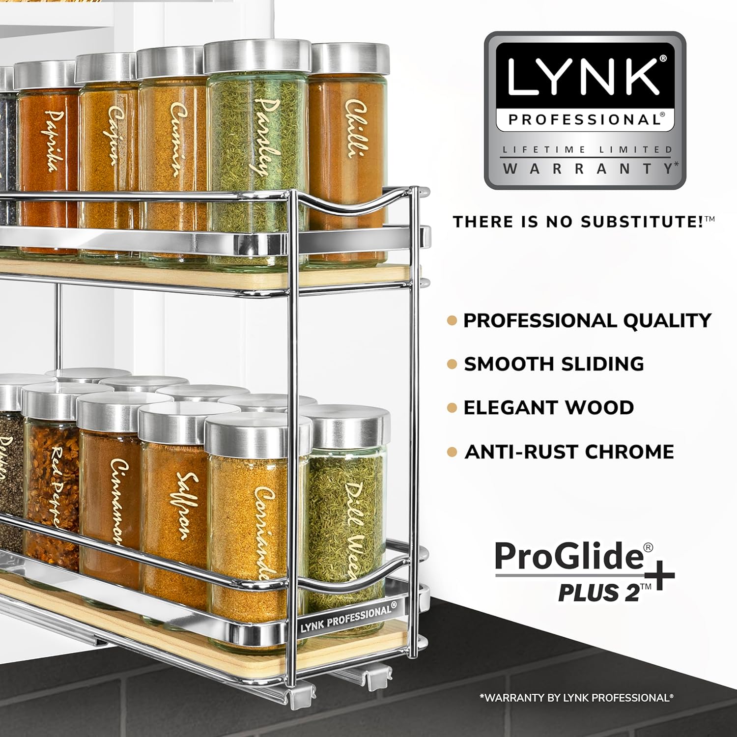 LYNK PROFESSIONAL Élite – Organizador extraíble de especias para armario, 4-14 pulgadas de ancho, estante deslizante, organizador de madera y cromo,