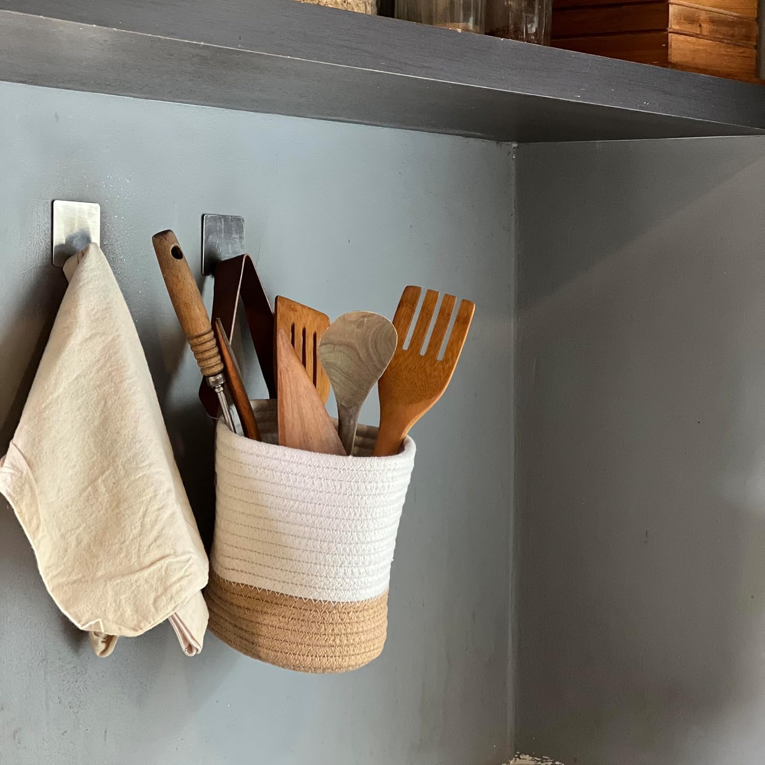 VMS – Paquete de 3 cestas colgantes de cuerda de yute para colgar en la pared para organizar, cesta colgante de pared, cesta de almacenamiento