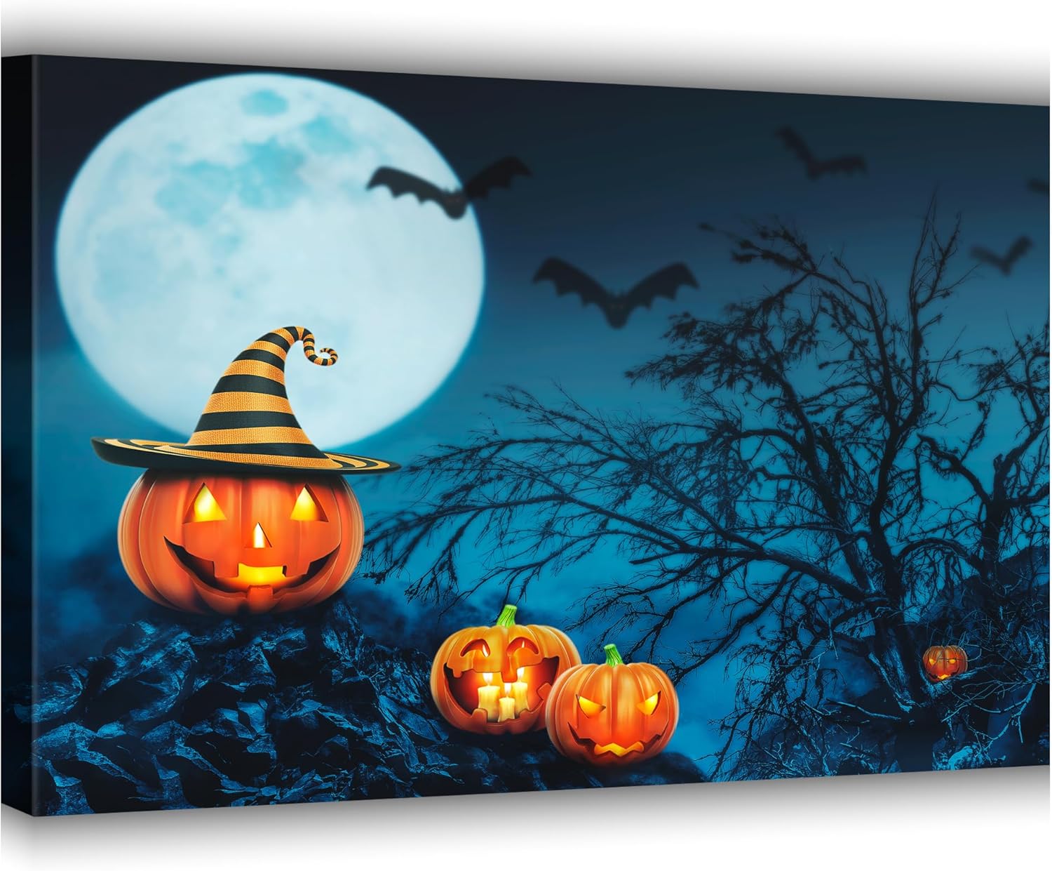 ZKBX – Arte para pared de Halloween, decoración de calabaza, murciélagos de luna, imágenes de noche de bosque oscuro de miedo, impresión en lienzo