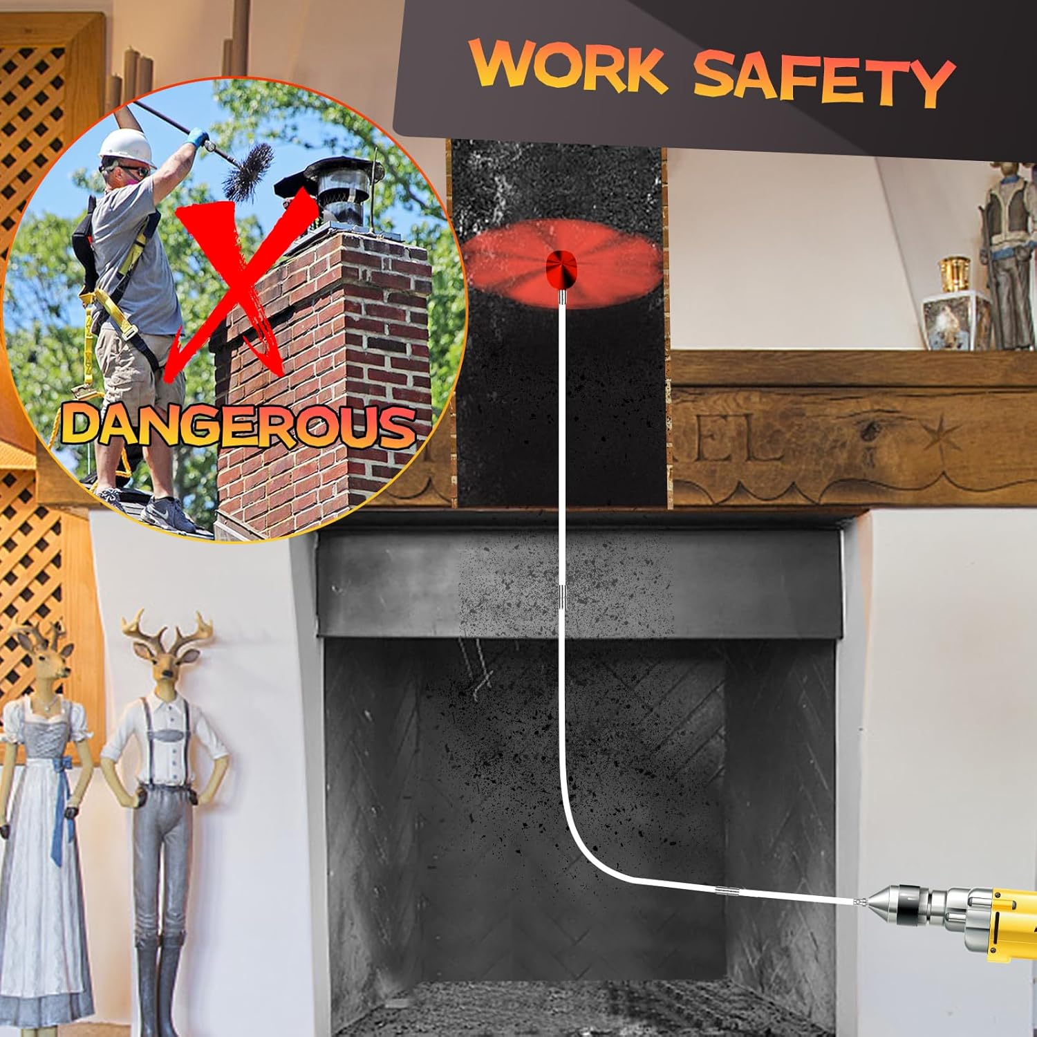 Kit de limpieza de chimenea de 39 pies, limpiador ergonómico de chimenea, sistema de limpieza de chimenea giratorio impulsado por taladro, cepillo