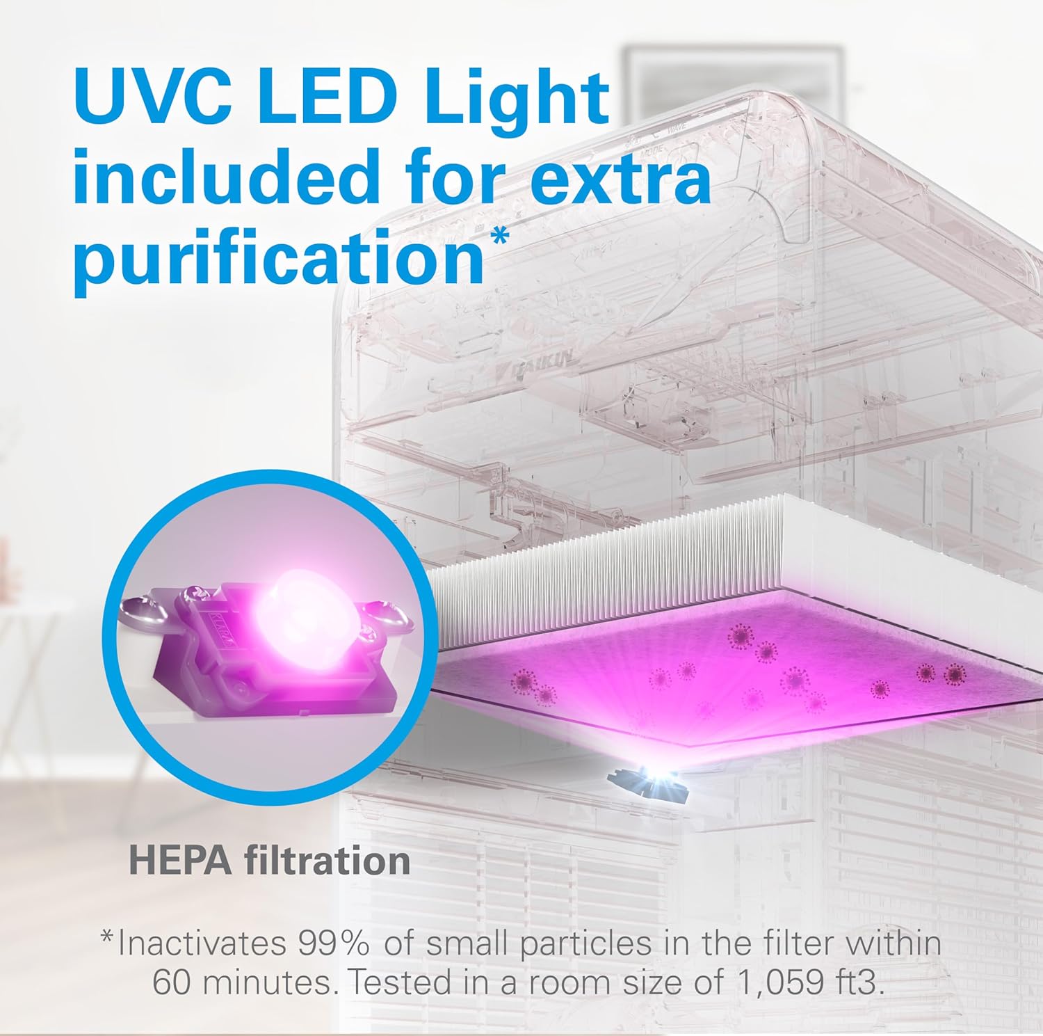 DAIKIN Purificador de aire de habitación, purificador de aire HEPA, purificador de aire con filtro HEPA, filtro de carbón activado, prefiltro y luz