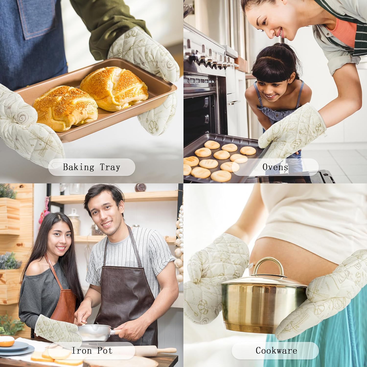 Guantes de horno y agarraderas, guantes de horno y soportes para ollas con forro suave 100% algodón, resistentes al calor para 230 grados, guantes