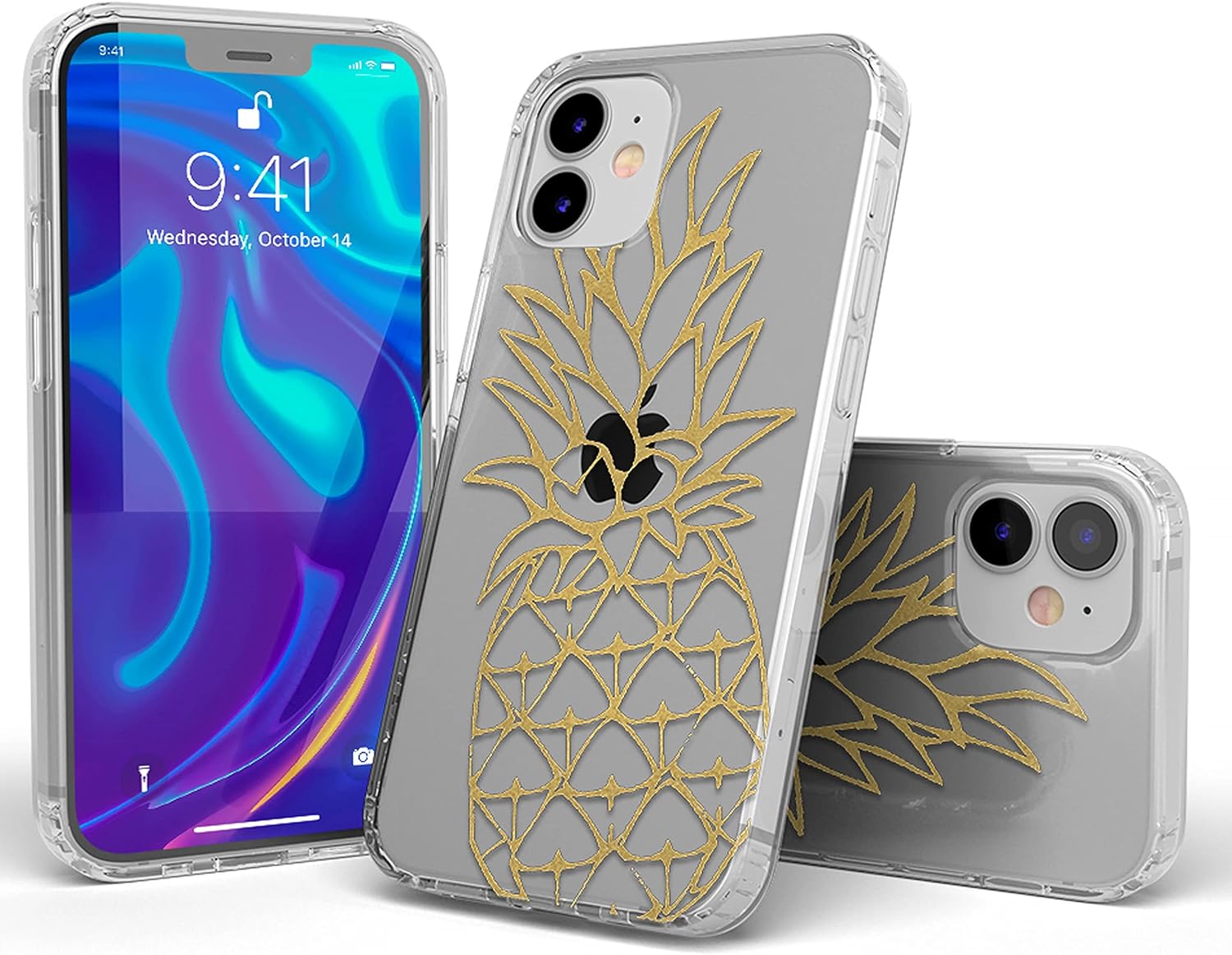 Casely Funda para iPhone 11  Carcasa rígida transparente de piña dorada brillante