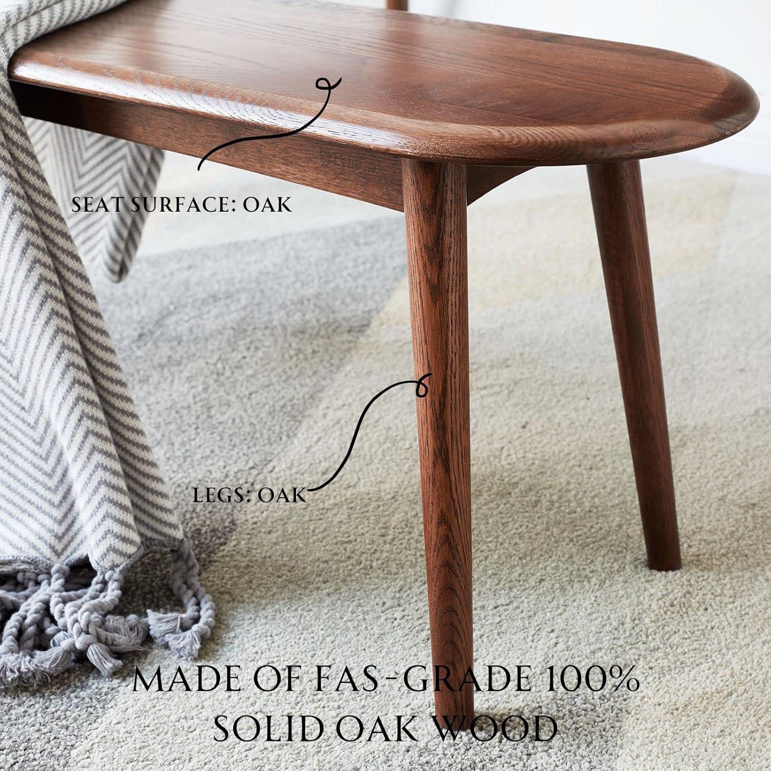 Banco de comedor de interior 100% roble macizo, banco de madera para el extremo de la cama con esquinas redondeadas de seguridad, bancos de entrada
