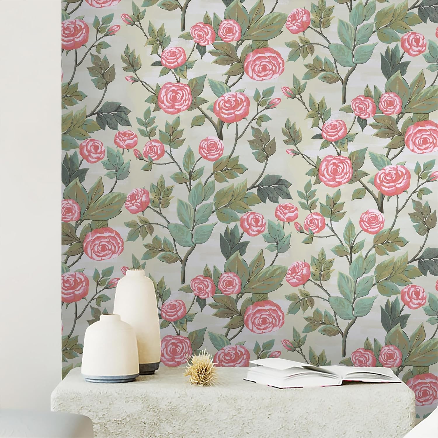 Dimoon Papel tapiz floral de 236 x 16.1 pulgadas, papel de contacto con hojas verdes, flores rosadas, grueso, impermeable, autoadhesivo, papel tapiz