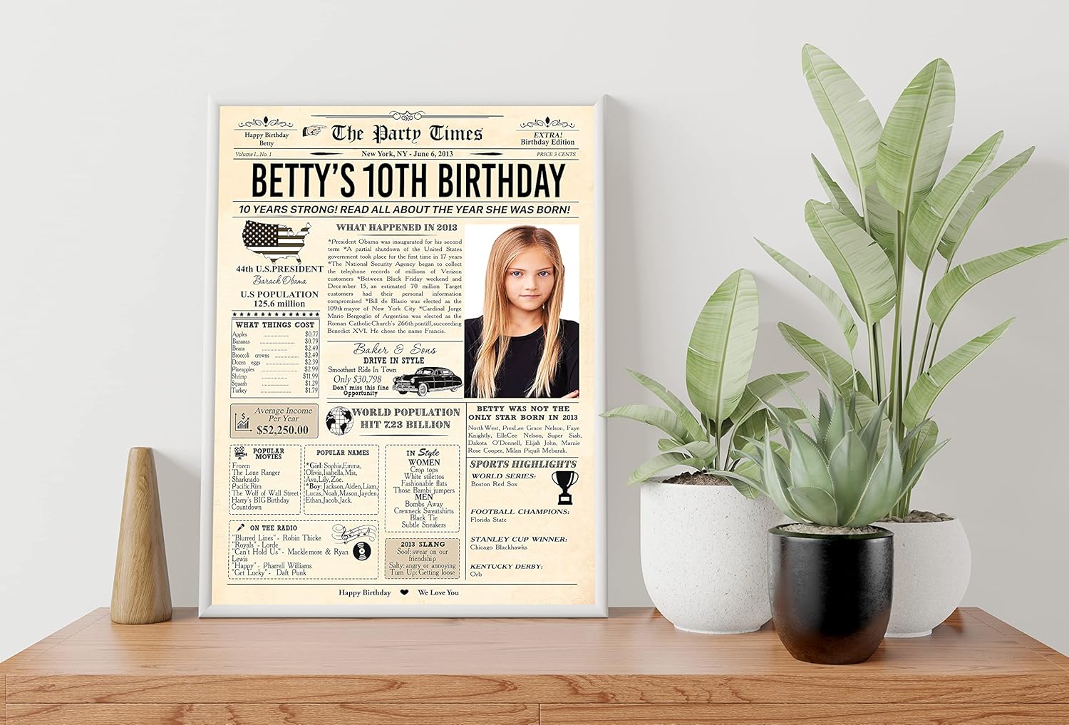 Regalos personalizados de cumpleaños número 10, decoración de fiesta para niños, niñas, hijo, hija, niños, decoración de póster de periódico vintage