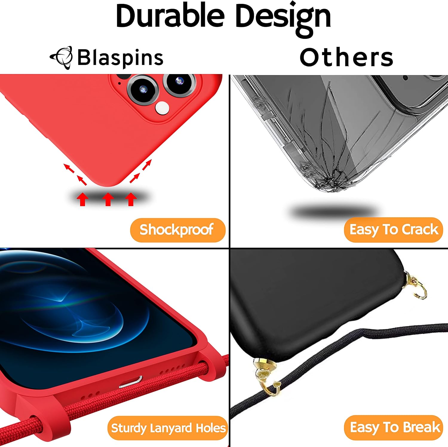 Blaspins iP14PM – Funda con correa cruzada para iPhone 14 Pro Max, cuello cruzado, soporte ajustable extraíble, protección contra caídas, a prueba