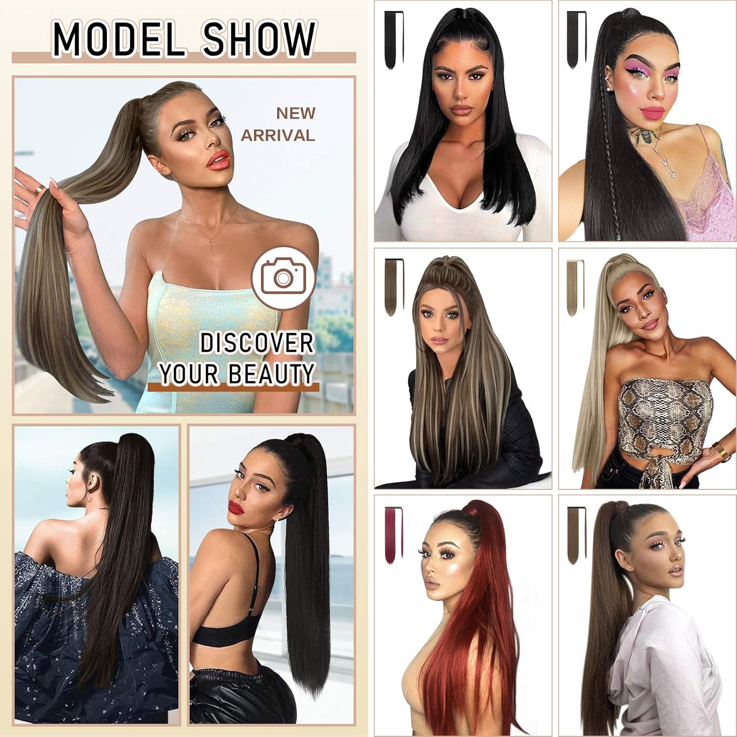 Sofeiyan – Extensión de cola de caballo larga, cabello lacio sintético, extensión con clip envolvente para mujer