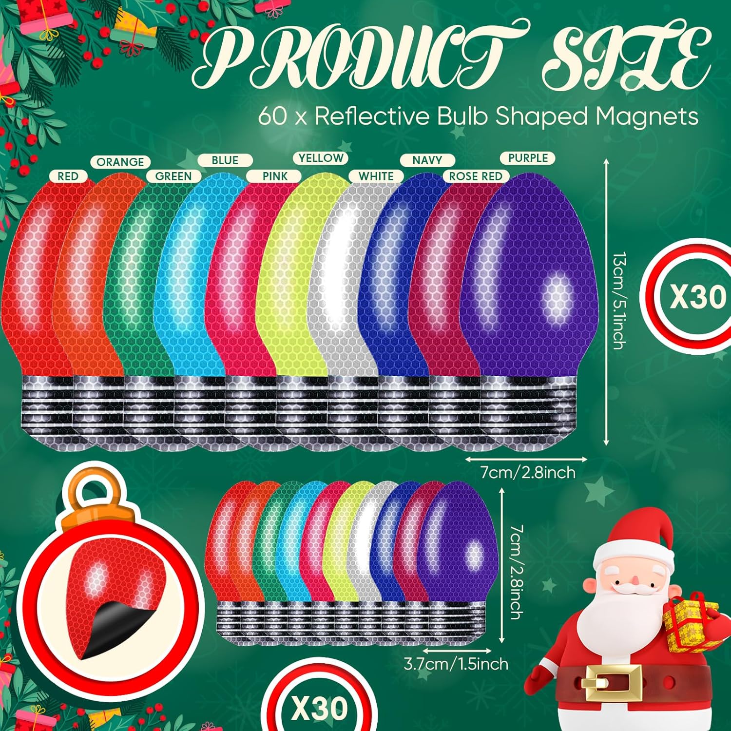 60 piezas de decoración reflectante de Navidad para automóvil, imanes para refrigerador, adorno con forma de bombilla para Navidad, vacaciones,