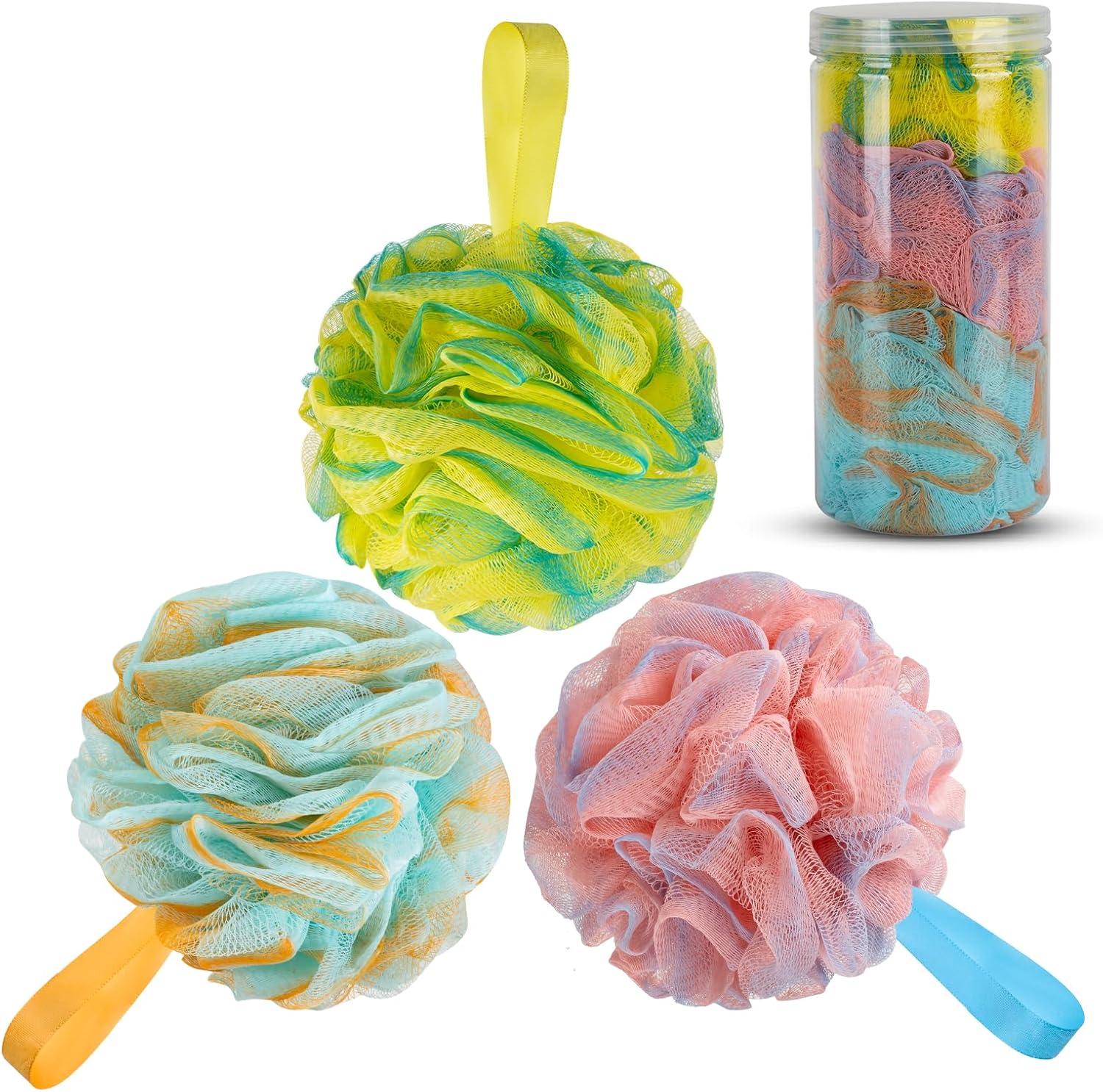 novosun Pelota de ducha opcional multicolor, esponja suave, exfoliante y eliminación de cuidado de la piel, esponja de baño Luffa, bolsa de malla de