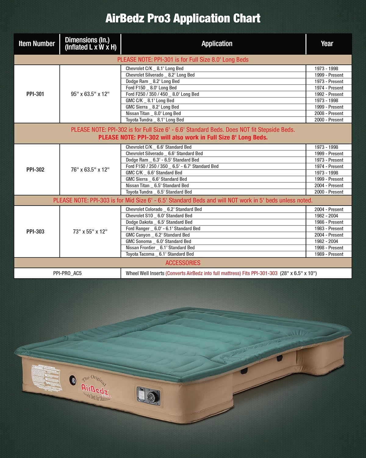 Pittman – Colchón de cama de camión de 6.5 pies  6 pies – Serie Pro3 – El colchón de aire original Airbedz para cama de camión de 6.5 – Colchón de