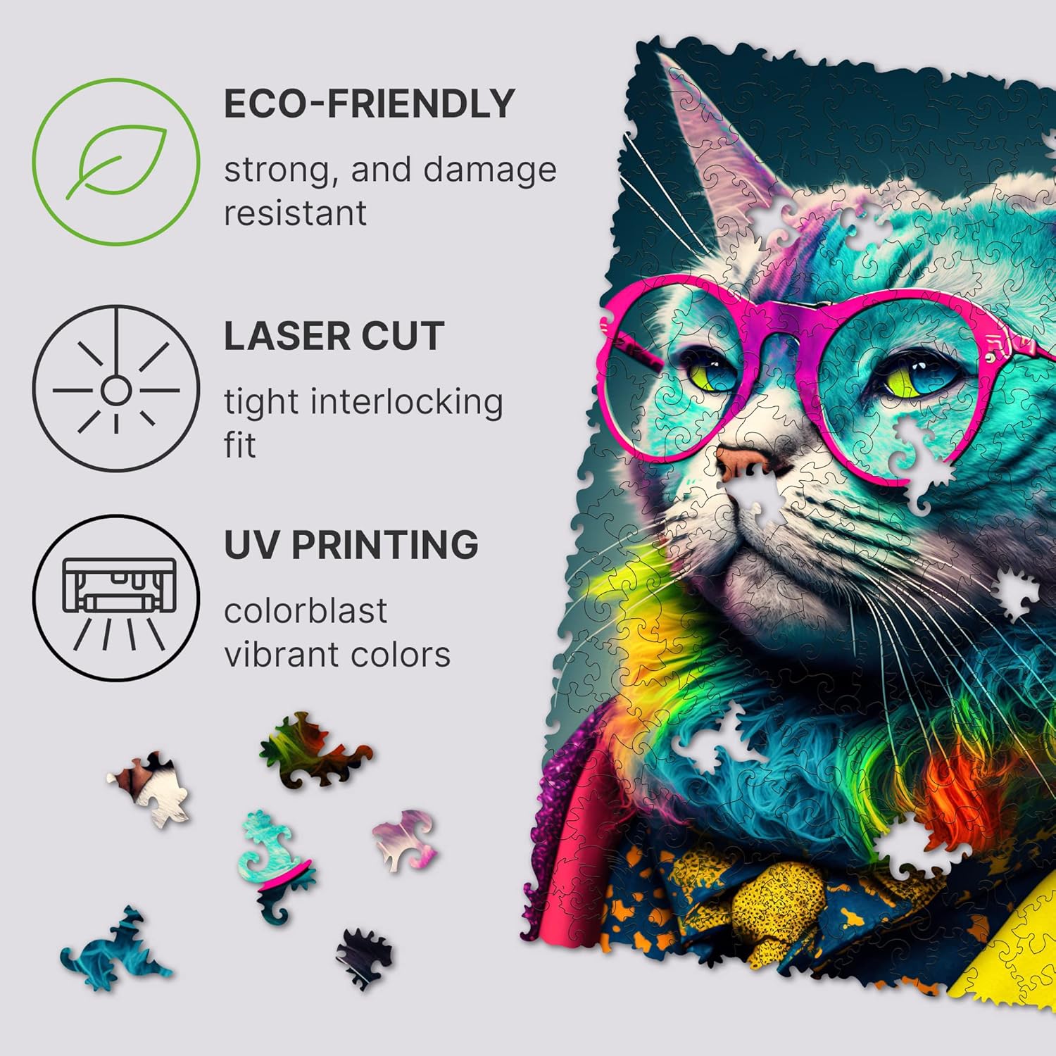 UNIDRAGON Rompecabezas de madera originales  Colección Pop Art Glow Up  Criticat  Rompecabezas de gato de 250 piezas, hermoso paquete de regalo,