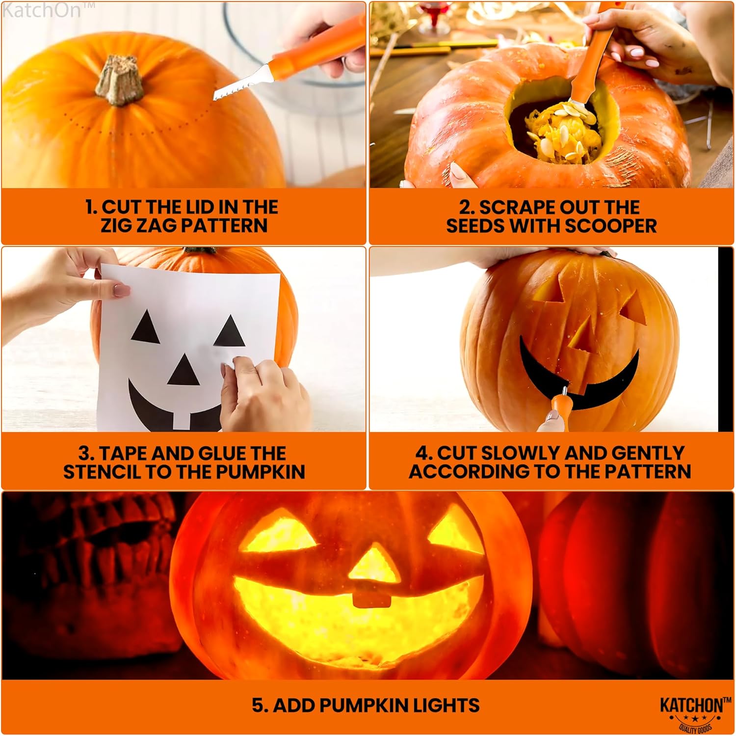 KatchOn, Kit de tallado de calabaza de Halloween, paquete de 13, herramientas profesionales de escultura de calabaza con plantillas, 18 piezas,