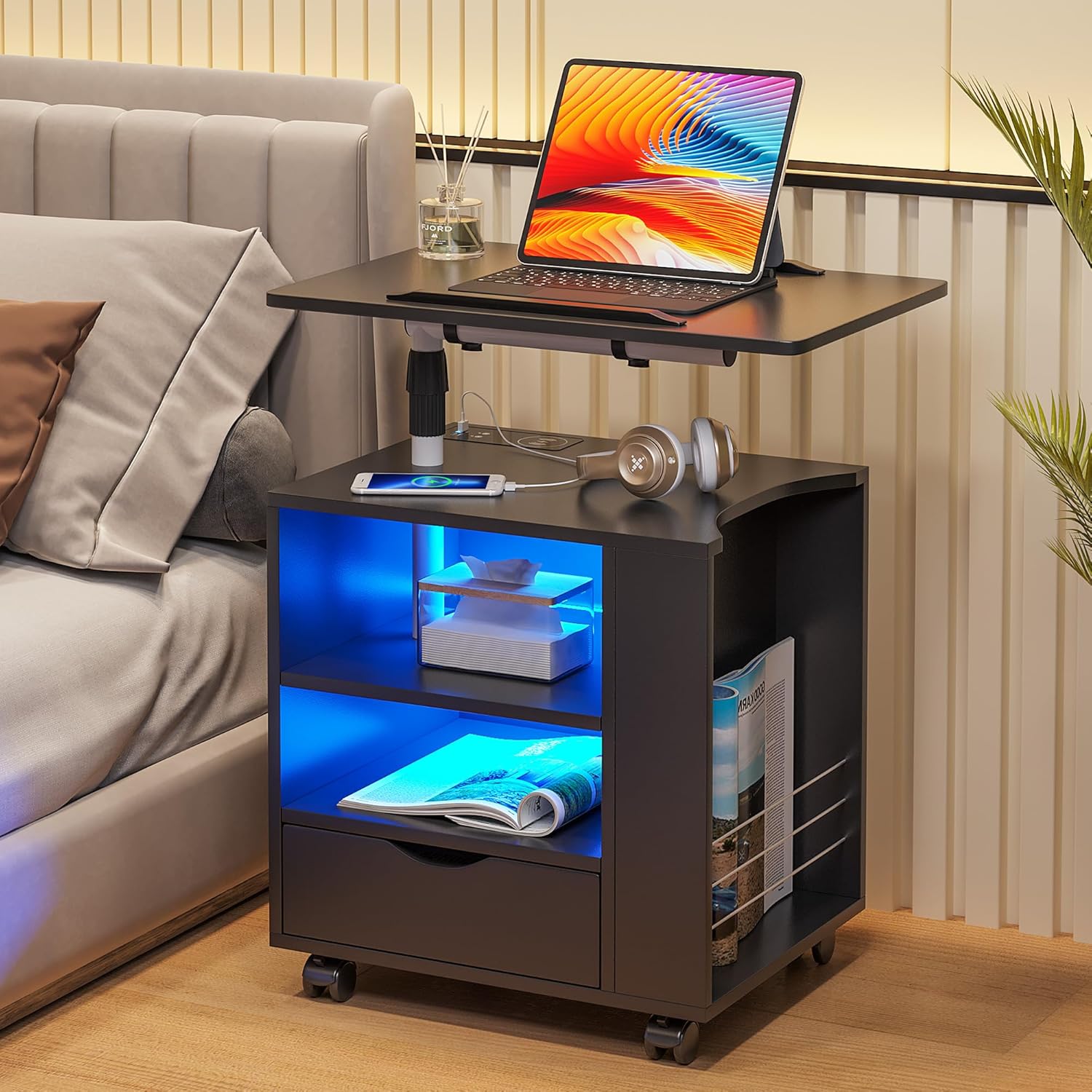 HNEBC Mesita de noche LED con estación de carga inalámbrica, mesita de noche con mesa giratoria ajustable, mesitas de noche con un cajón y 2