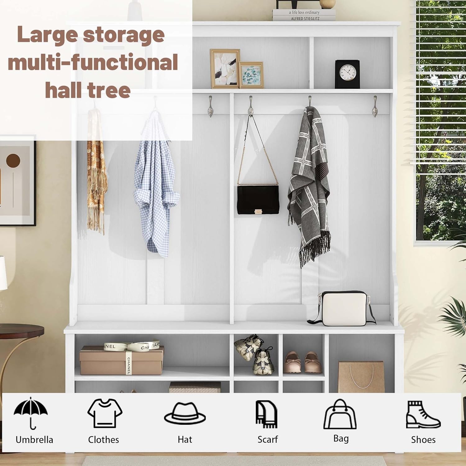 Árbol de pasillo ancho con banco de almacenamiento, perchero con cubos de zapatos, banco de madera de 60 pulgadas con 6 ganchos para organización,