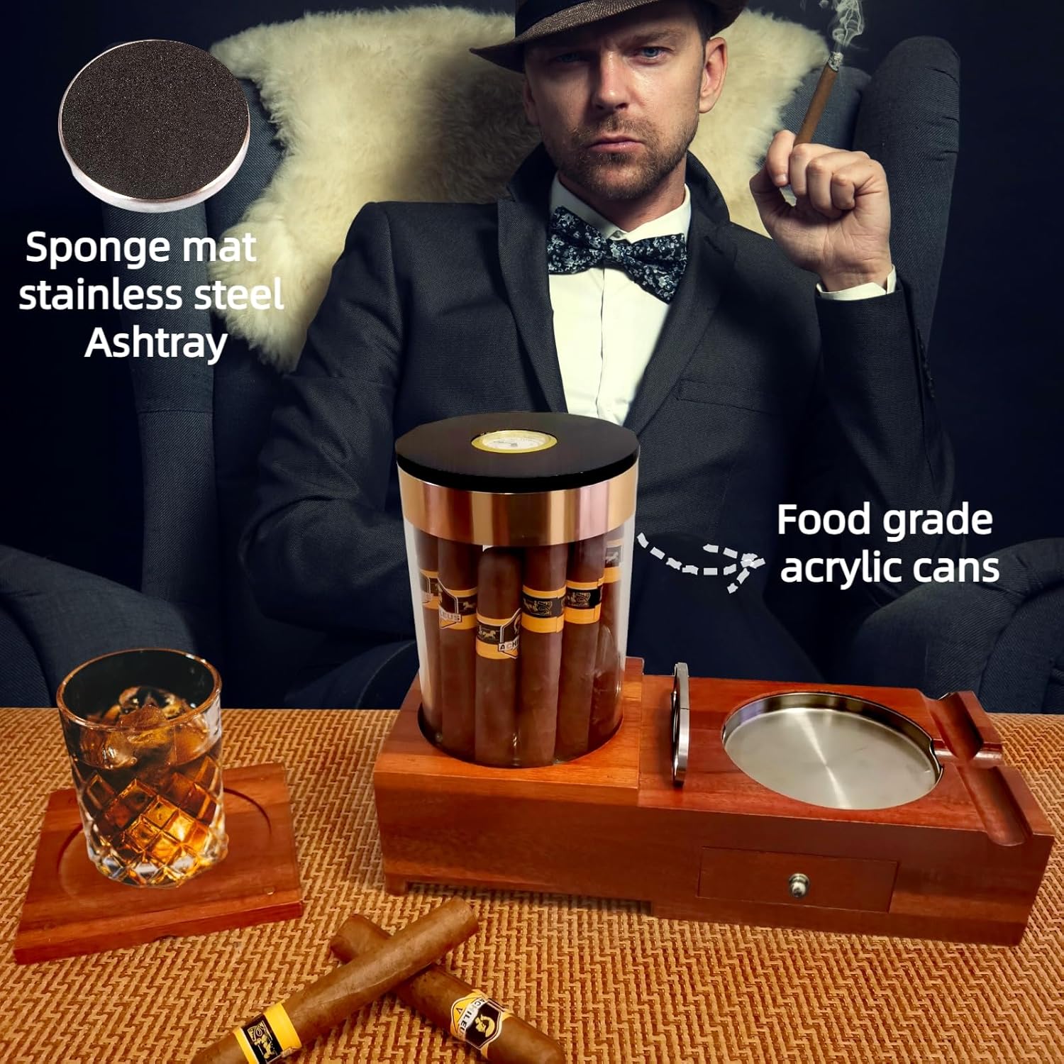 KING’S PALACE Humidor de cigarros y cenicero de cigarros con posavasos, humidificador, higrómetro, cortador de puros, cajón con anillos de tracción,