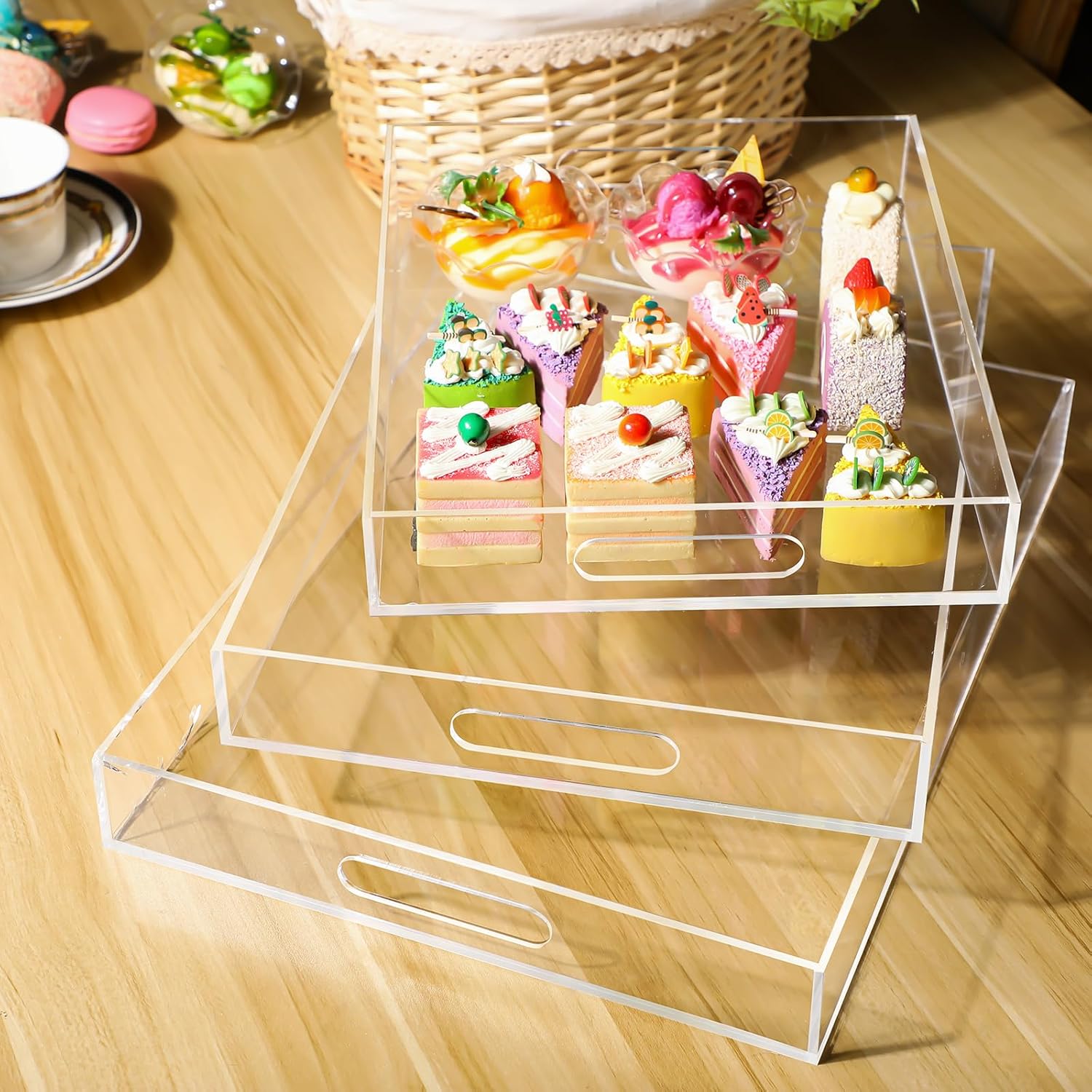 meekoo Bandeja de acrílico transparente para servir de 16 pulgadas, 14 pulgadas, 12 pulgadas, bandeja de desayuno, bandeja rectangular a prueba de