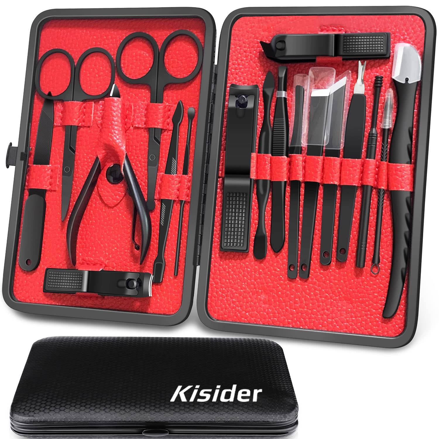 KISIDER Juego de manicura y pedicura, 18 piezas de acero inoxidable de alta calidad, cortador de uñas, kit de manicura cortaúñas, herramientas de