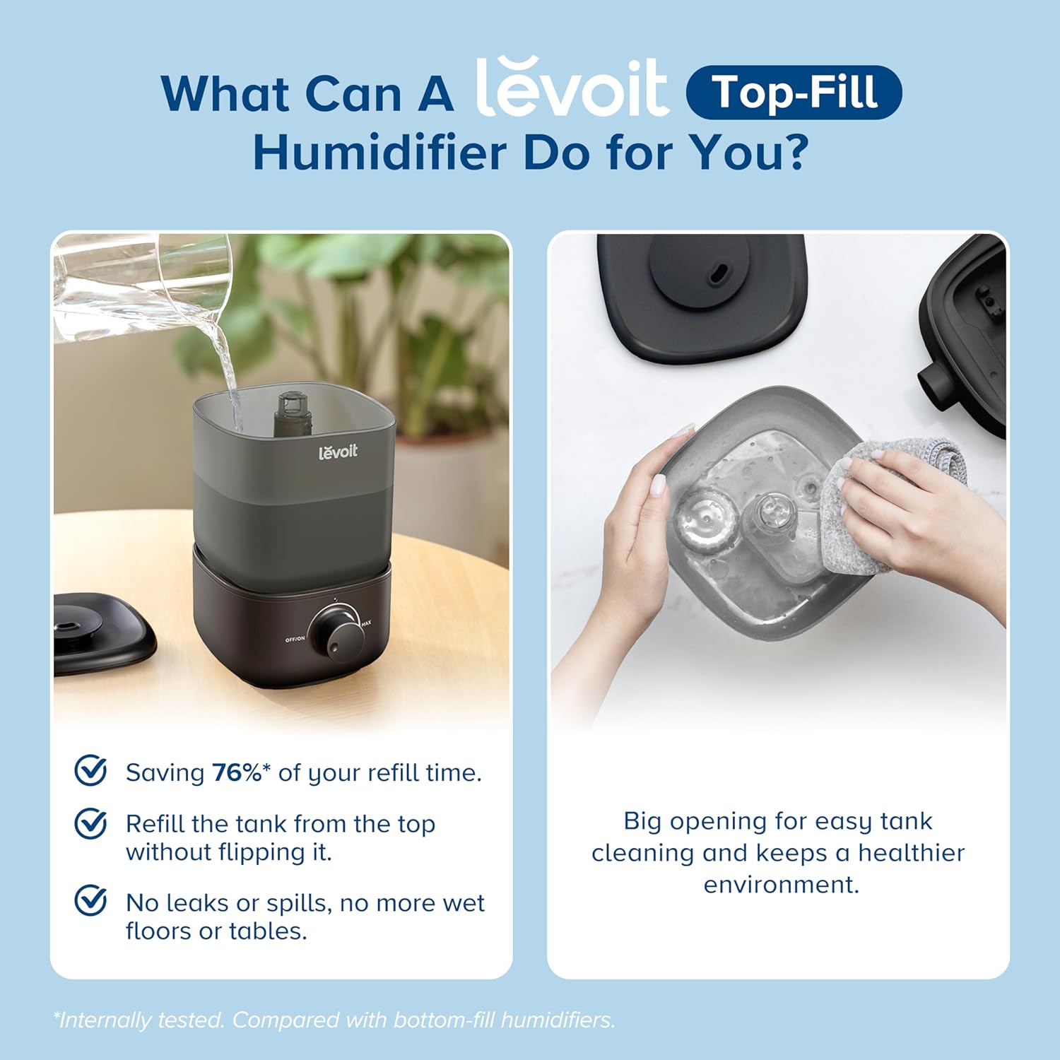 LEVOIT Humidificador ultrasónico clásico de niebla fría de llenado superior 160, súper fácil de llenar y limpiar, funcionamiento silencioso para