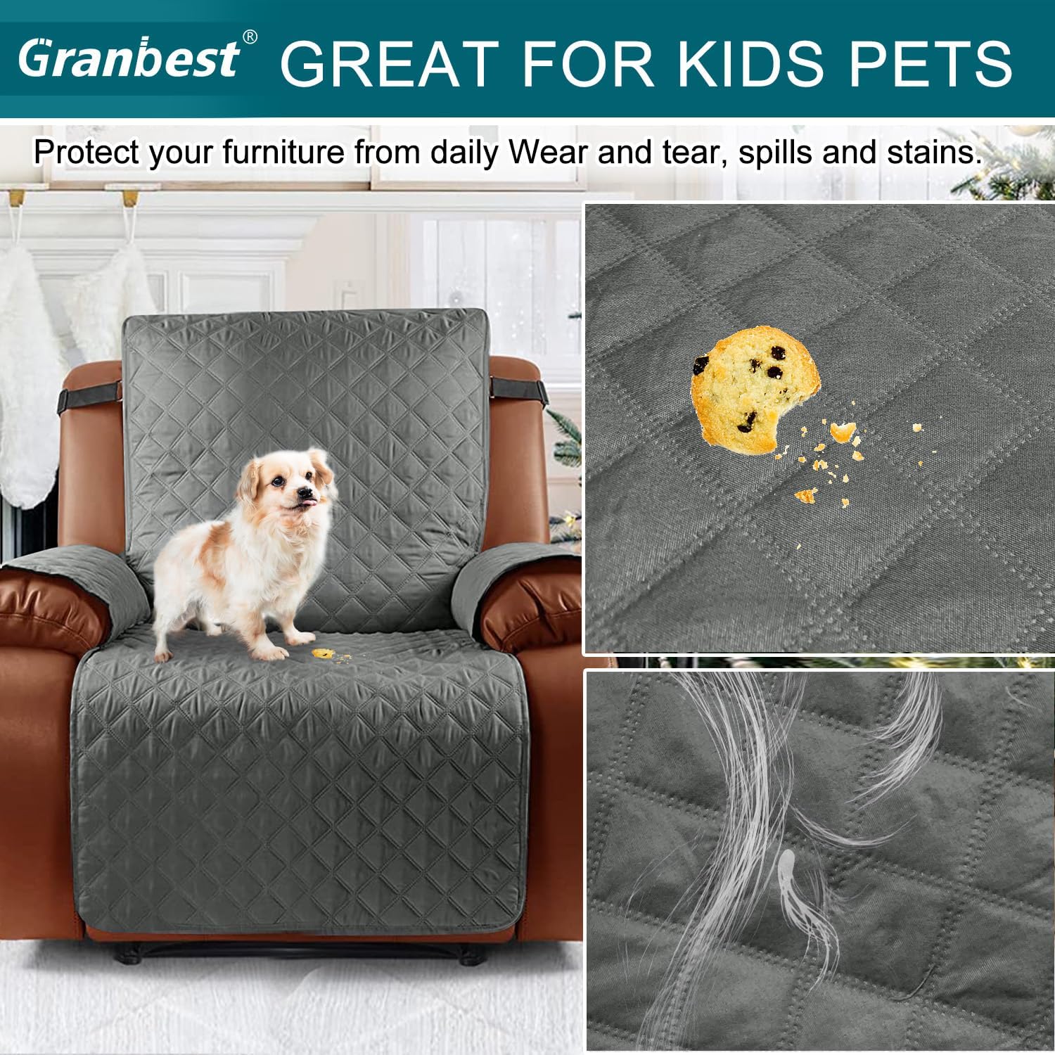 Granbest Funda impermeable para silla reclinable con bolsillos, funda antideslizante para silla reclinable, lavable con correas elásticas, protector
