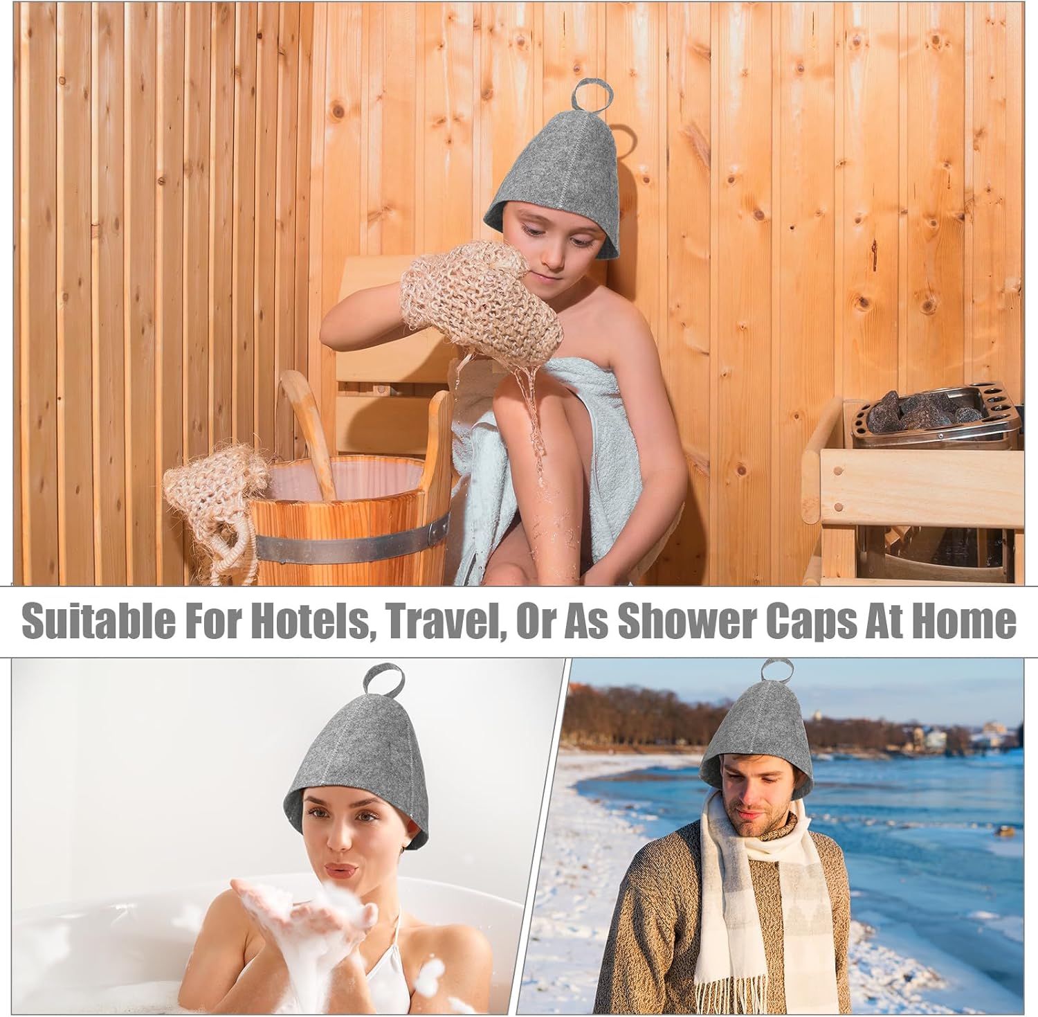Jiuguva Sombreros de sauna de lana, sombrero ruso para sauna, sombreros de sauna para mujeres, accesorios de ducha de sauna (gris, 12 piezas)