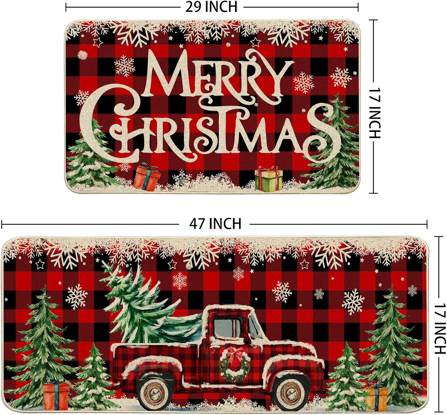 Juego de 2 tapetes de cocina de Navidad para piso, juego de 2 alfombras de cocina de Navidad, diseño de camión de granja, diseño de búfalo rojo,