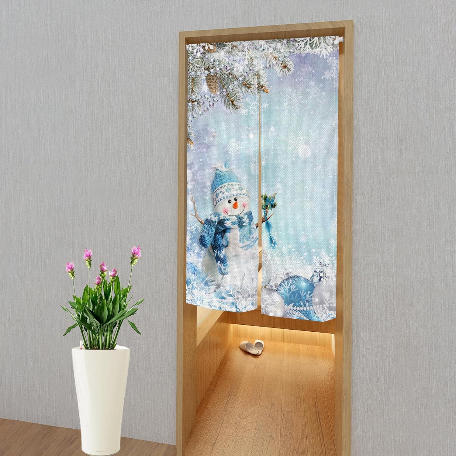 Cortina japonesa Noren de muñeco de nieve de invierno para puerta, tapiz de cortina japonesa azul y blanco copo de nieve de invierno, árbol de