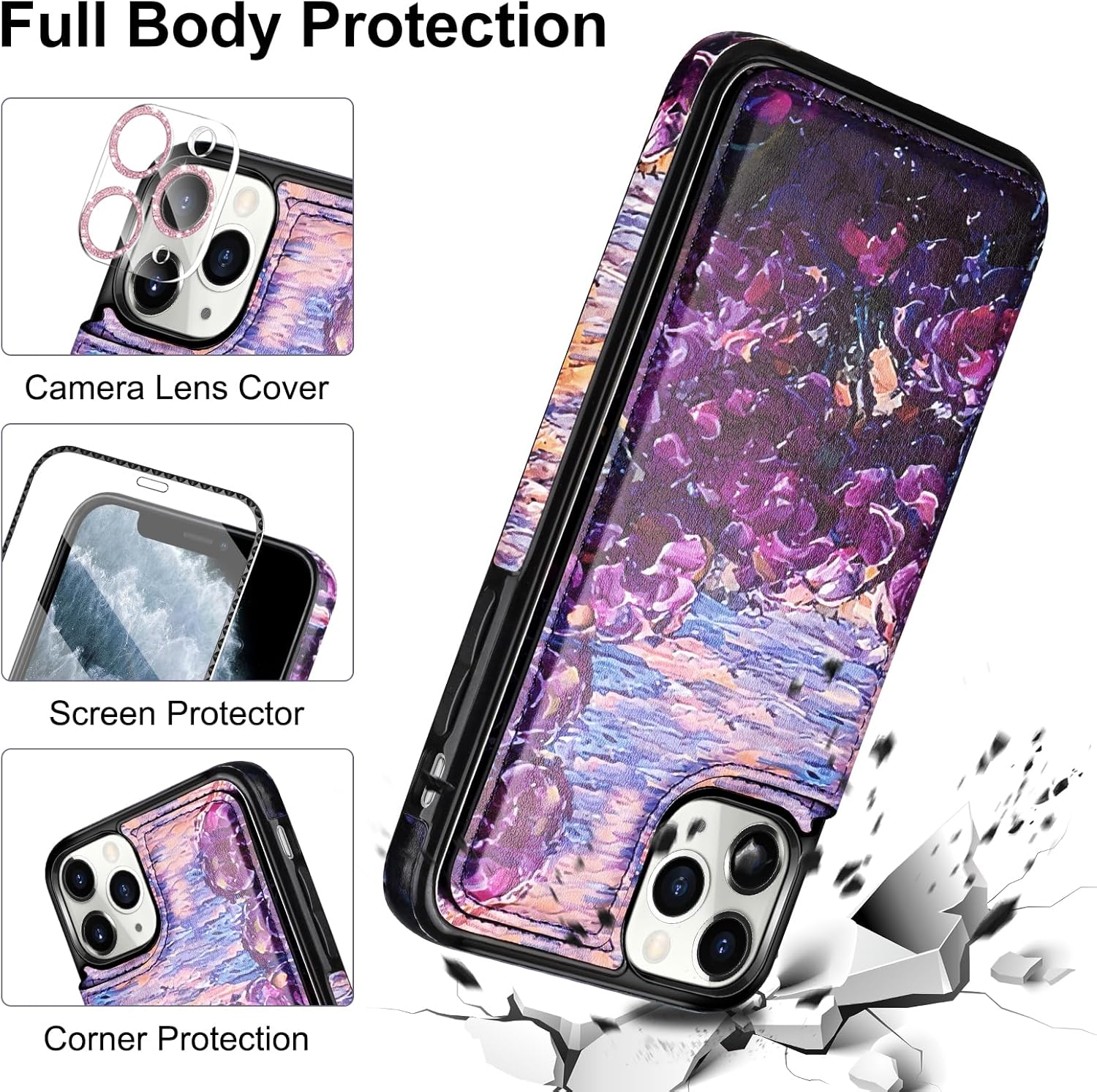 HianDier Funda compatible con iPhone 11 Pro con tarjetero para mujeres y hombres, con pulsera, protector de pantalla y funda para cámara para iPhone