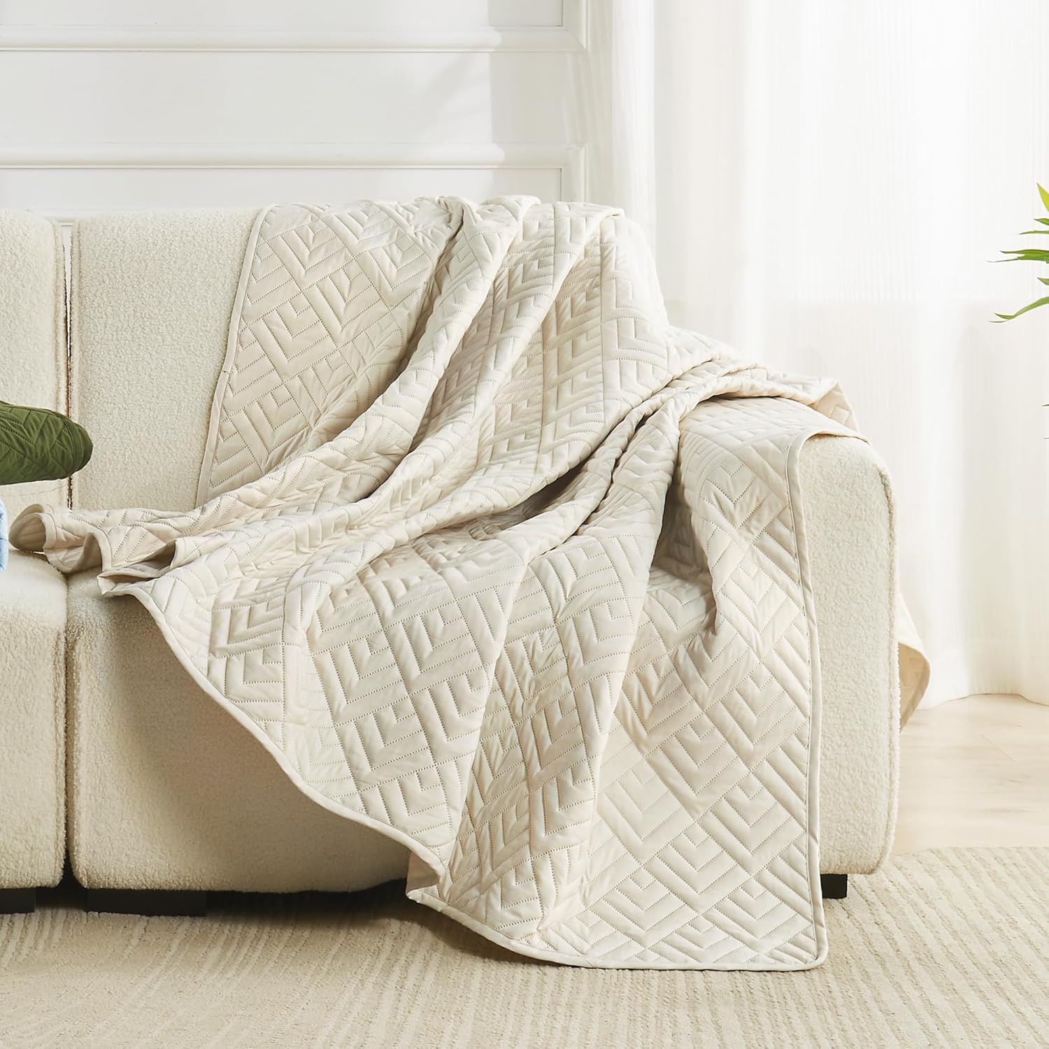 Litanika Juego de ropa de cama tamaño California King, colcha geométrica ultrasónica beige, colcha ligera y suave con patrón de cuadros modernos