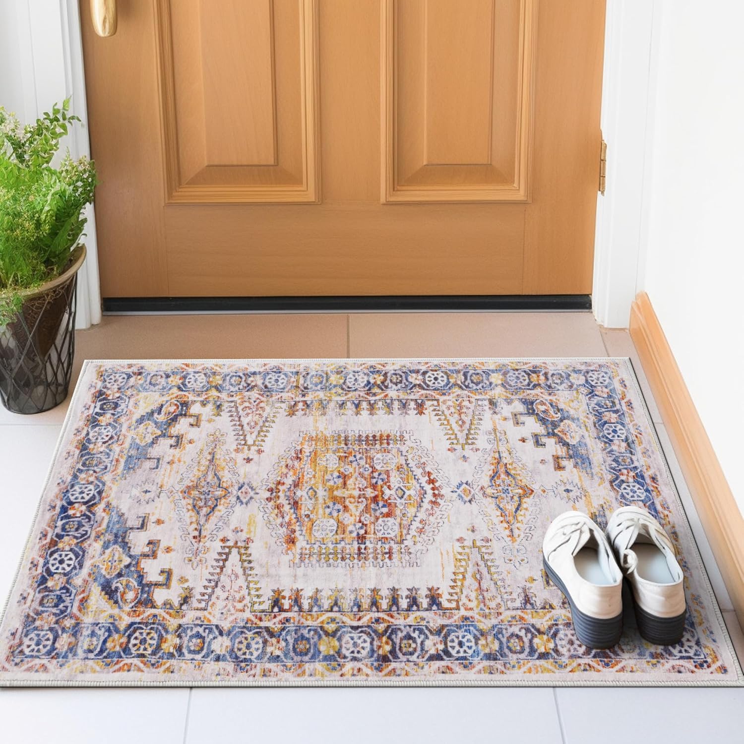 Alfombra de área lavable a máquina, medallón vintage ultrafina con respaldo antideslizante para entrada frontal interior, cocina, baño, sala de