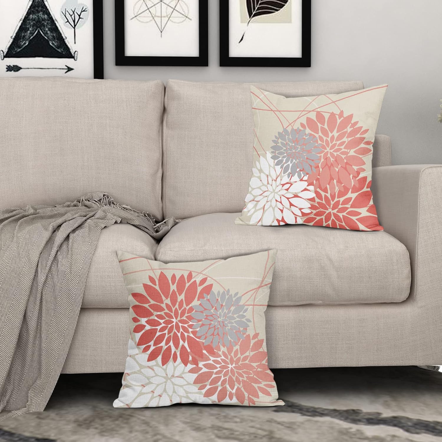 Juego de 2 fundas de almohada coral de 18 x 18 pulgadas, diseño de flores de dalia oscuro y rosa coral claro, decoración de exteriores para el