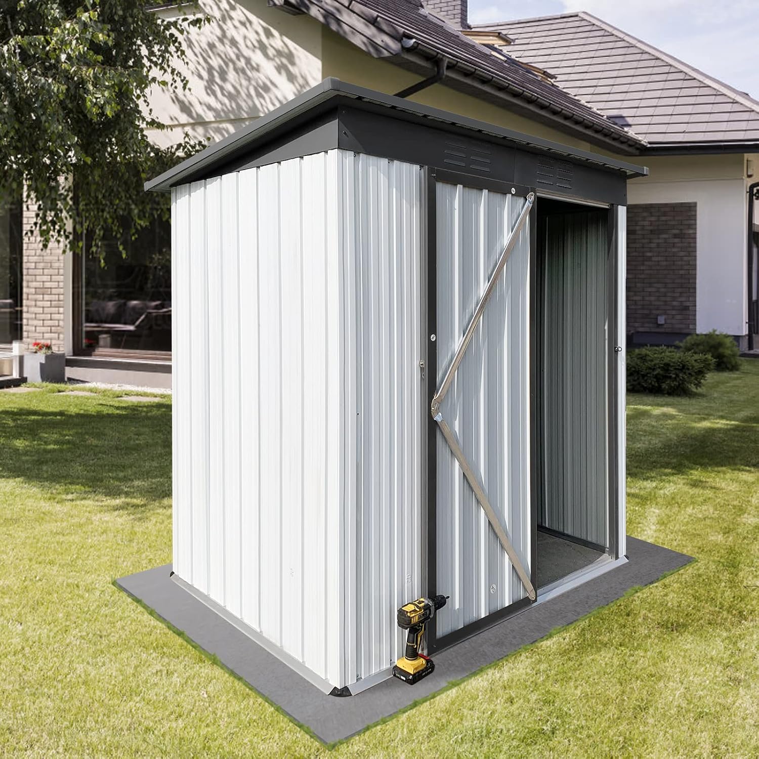 Cobertizo de almacenamiento de metal de 5 x 3 pies, cobertizo para exteriores con ventilación de aire, cobertizo de herramientas impermeable con