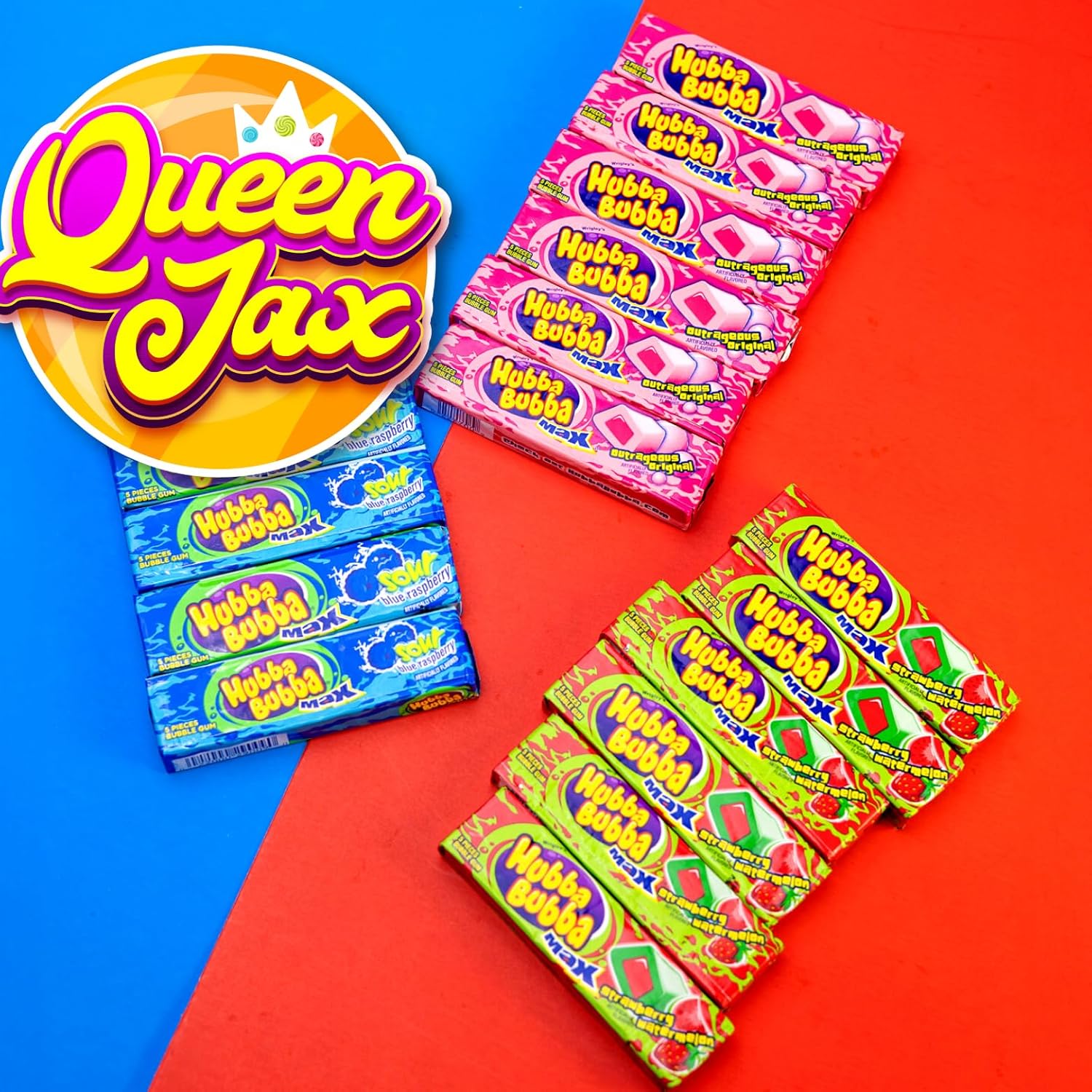 Hubba Bubba Bubble Gum a granel  Paquete variado de 3 sabores (total de 18 chicles de mascar)  6 chicles de frambuesa azul agrio  6 chicle de sandía