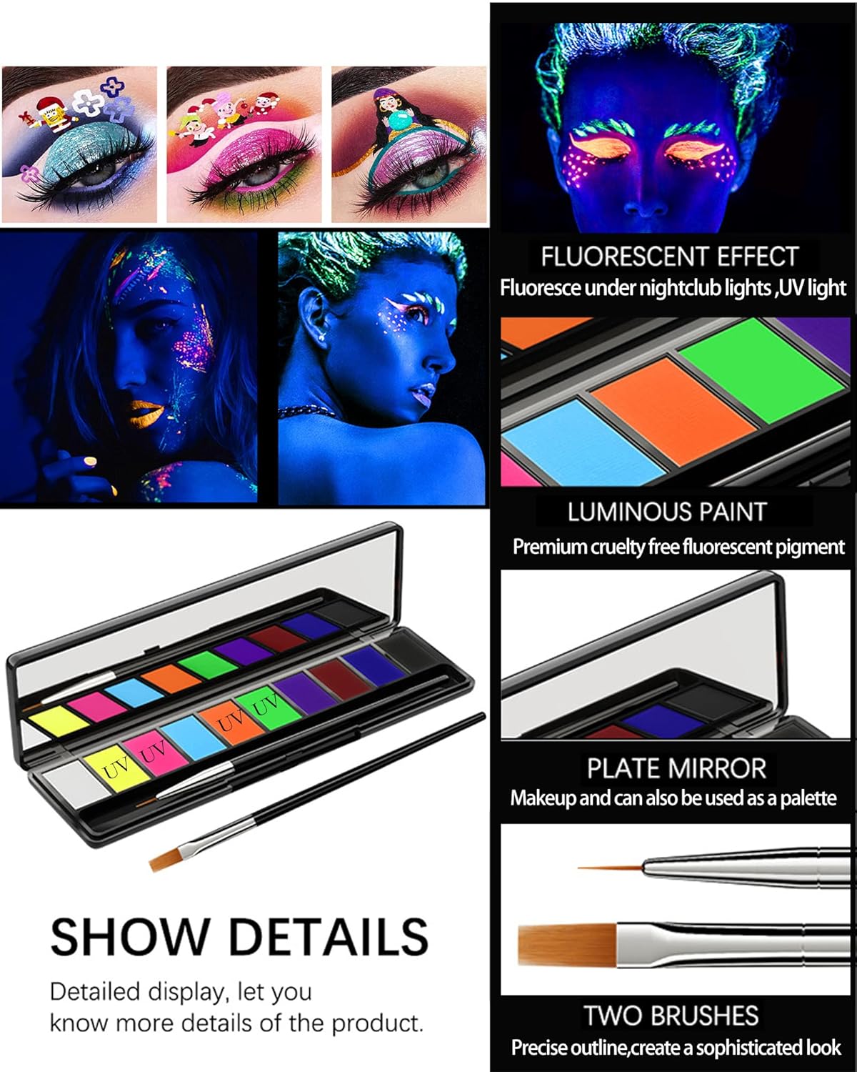 Paleta de pintura activada por agua de neón de 10 colores, gráfico hidra de brillo UV de arcoíris mate, delineador de ojos neón luminoso de color,