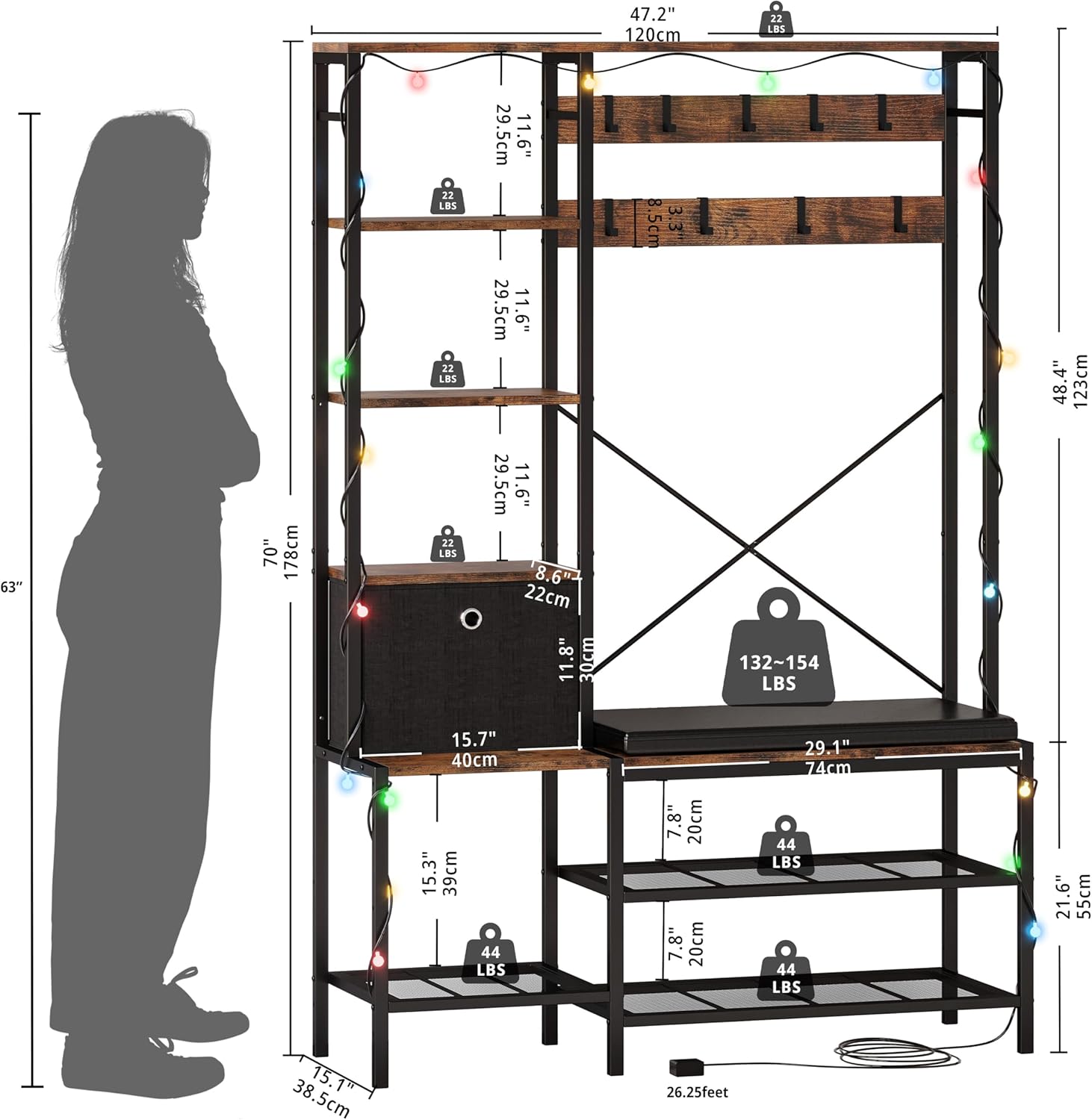 IRONCK Árbol de pasillo con luz, banco de zapatos de entrada, cesta de almacenamiento de tela, perchero, estantes reversibles de 5 niveles, ganchos