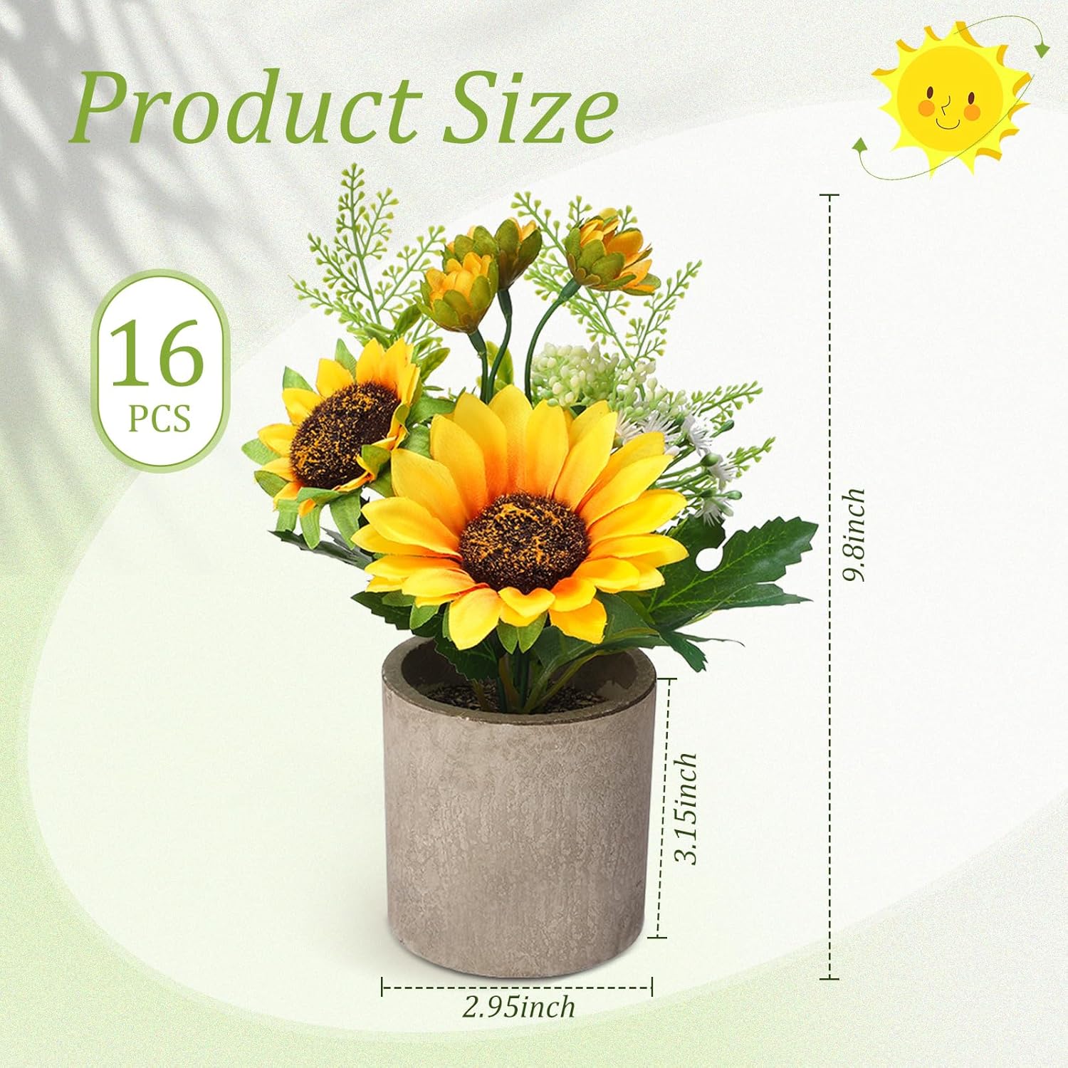 16 girasoles artificiales amarillos falsos en macetas, girasoles, flores artificiales, centros de mesa para mesas, girasoles, plantas en maceta para