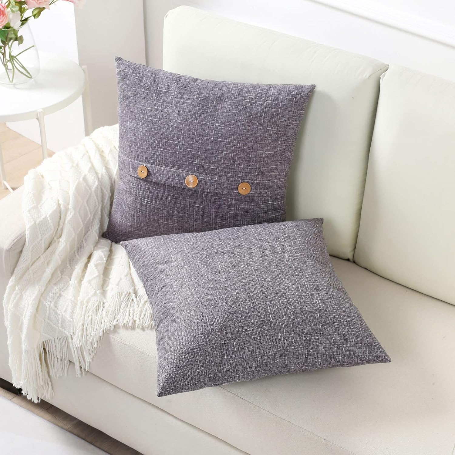 Juego de 2 fundas de almohada decorativas de lino gris oscuro de 16 x 16 pulgadas, fundas cuadradas con 3 botones vintagecremallera oculta,