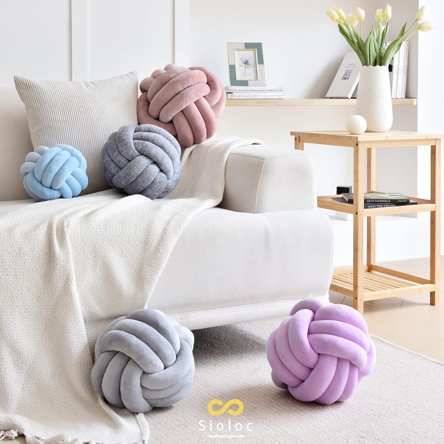 Sioloc – Almohadas de nudo suave, cojín redondo para decoración del hogar, almohada de bola anudada hecha a mano (13.7 pulgadas, color gris)