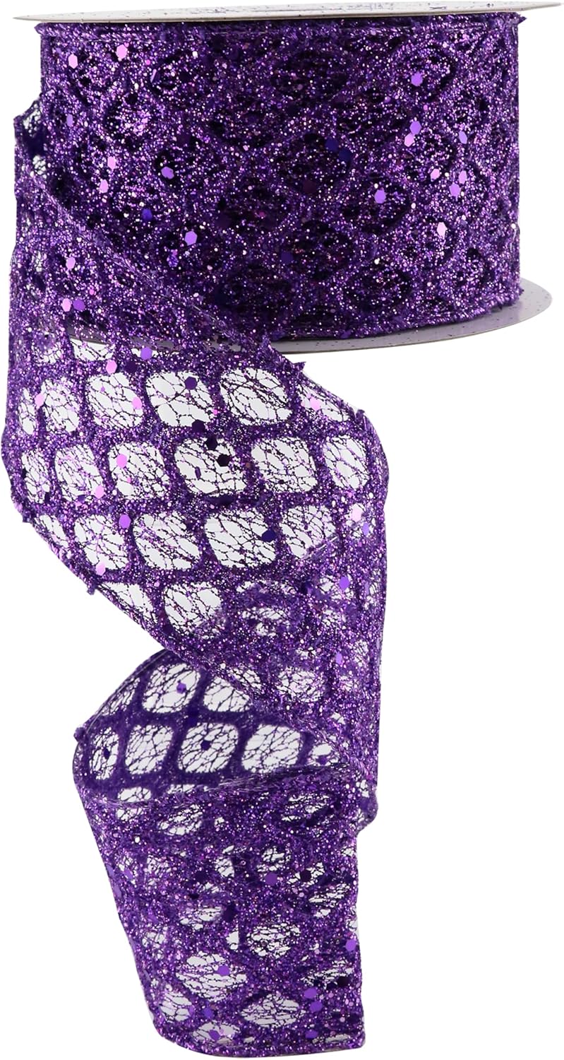 Cinta morada con alambre de 2.5 pulgadas x 10 yardas, cinta con alambre con purpurina, cinta morada para Halloween, decoraciones de Navidad,