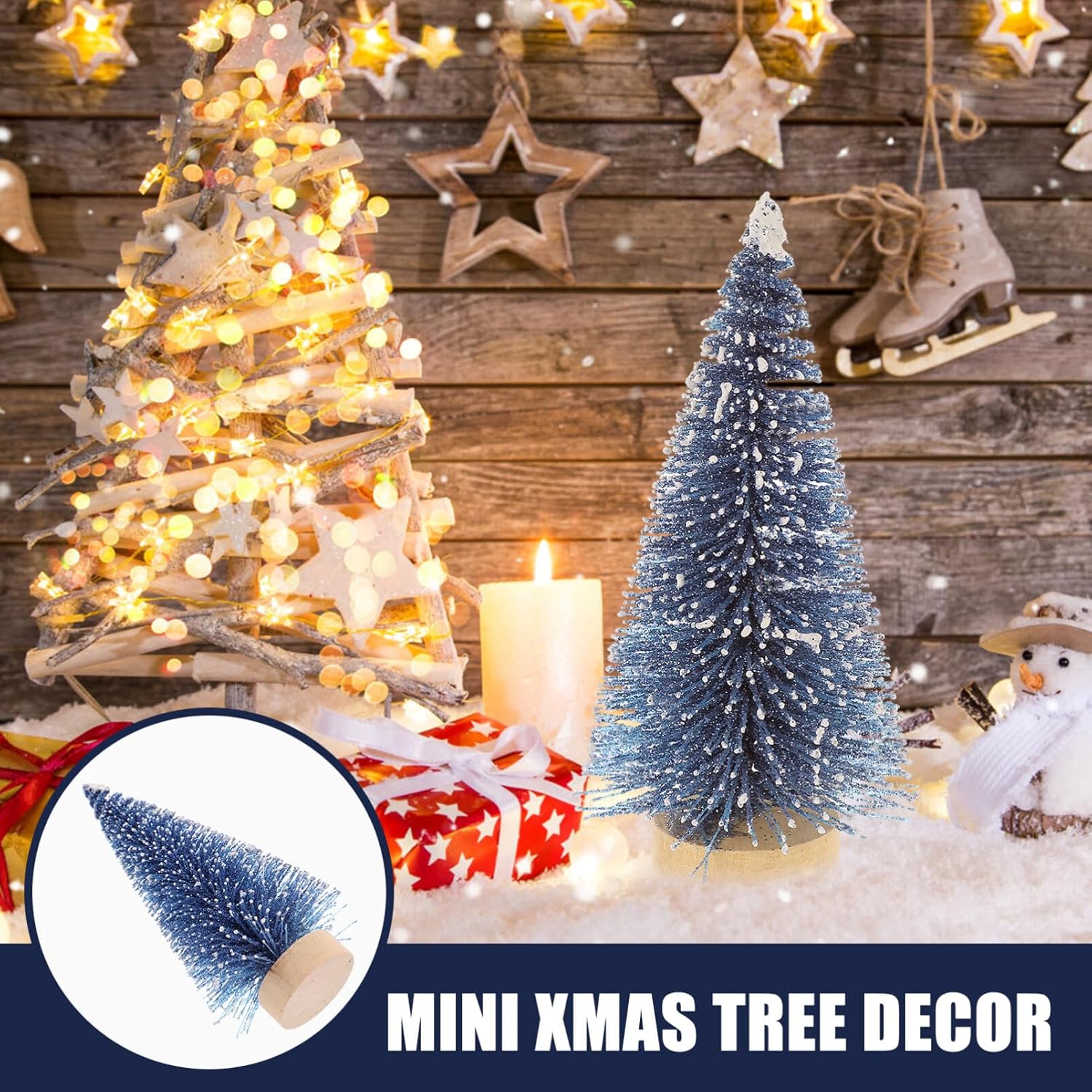 Decoración del hogar, mini árbol de Navidad artificial, 4 piezas, árboles de sisal artificiales, adornos de escarcha de nieve, cepillo para botella,
