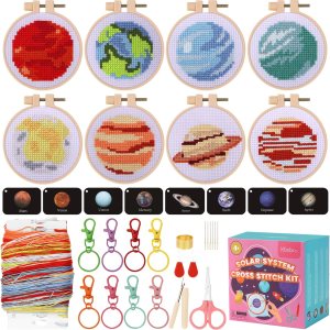 XEmbro 8 kits de punto de cruz para principiantes, kit de bordado para niños del sistema solar, suministros de manualidades de punto de cruz XEmbro 8 kits de punto de cruz para principiantes, kit de bordado para niños del sistema solar, suministros de manualidades de punto de cruz