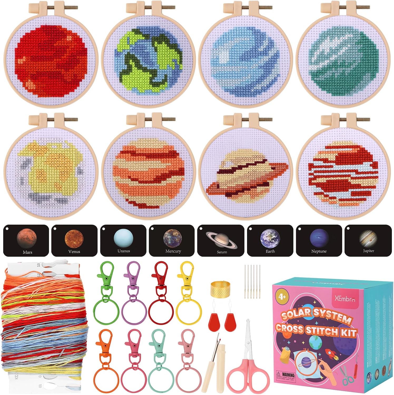 XEmbro 8 kits de punto de cruz para principiantes, kit de bordado para niños del sistema solar, suministros de manualidades de punto de cruz