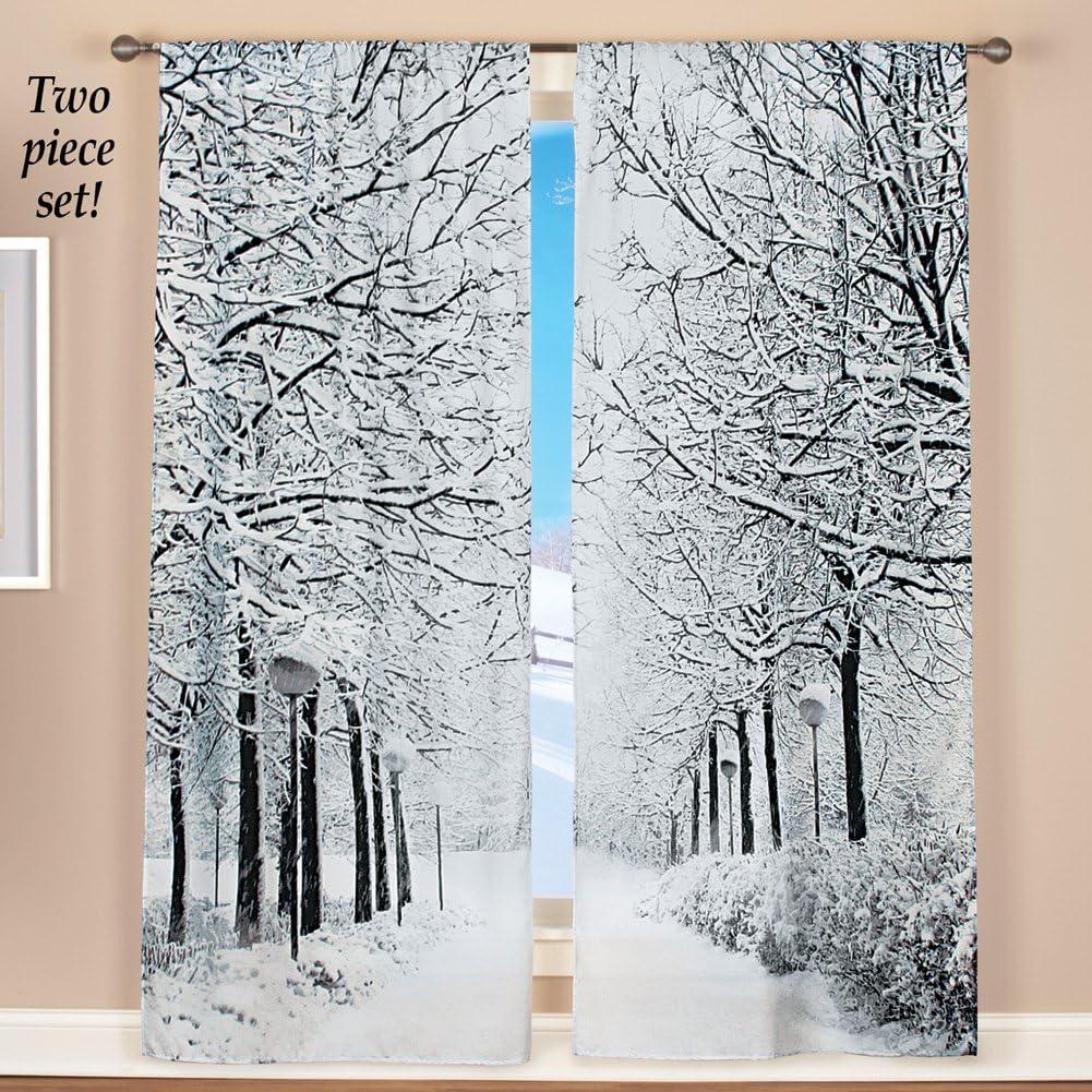 Collections Etc Juego de cortinas escénicas para ventana, diseño de árboles de invierno, negroblanco